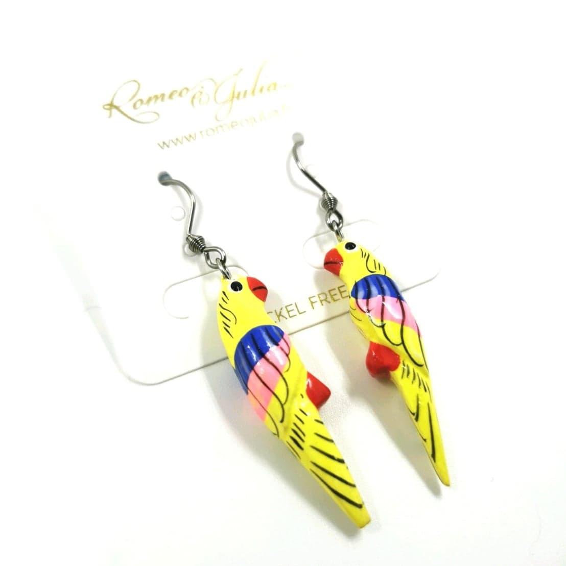 Wooden earrings, Little Parrot (yellow-pink-blue)