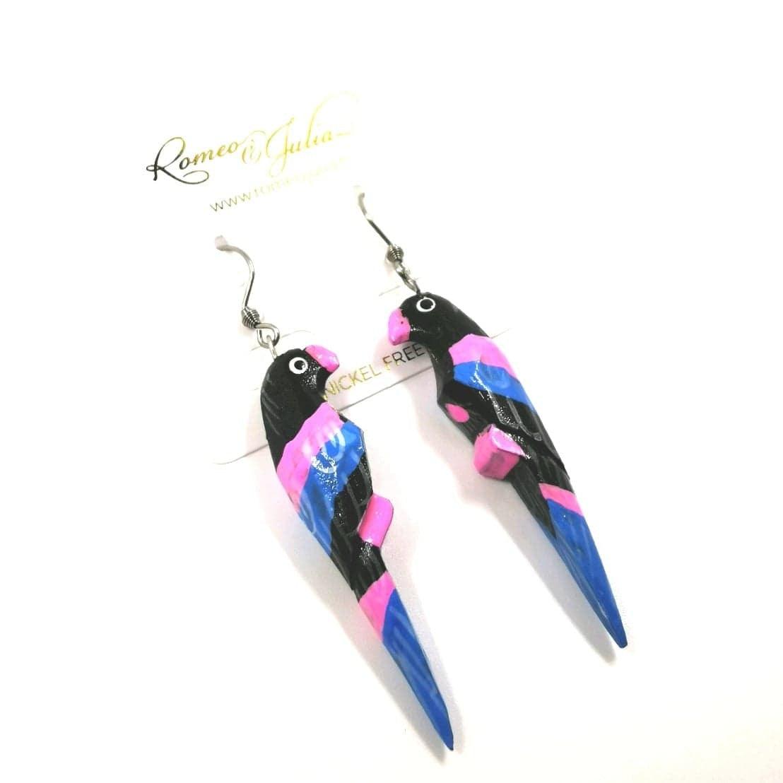 Wooden earrings, Big Parrot (pink-blue-black)