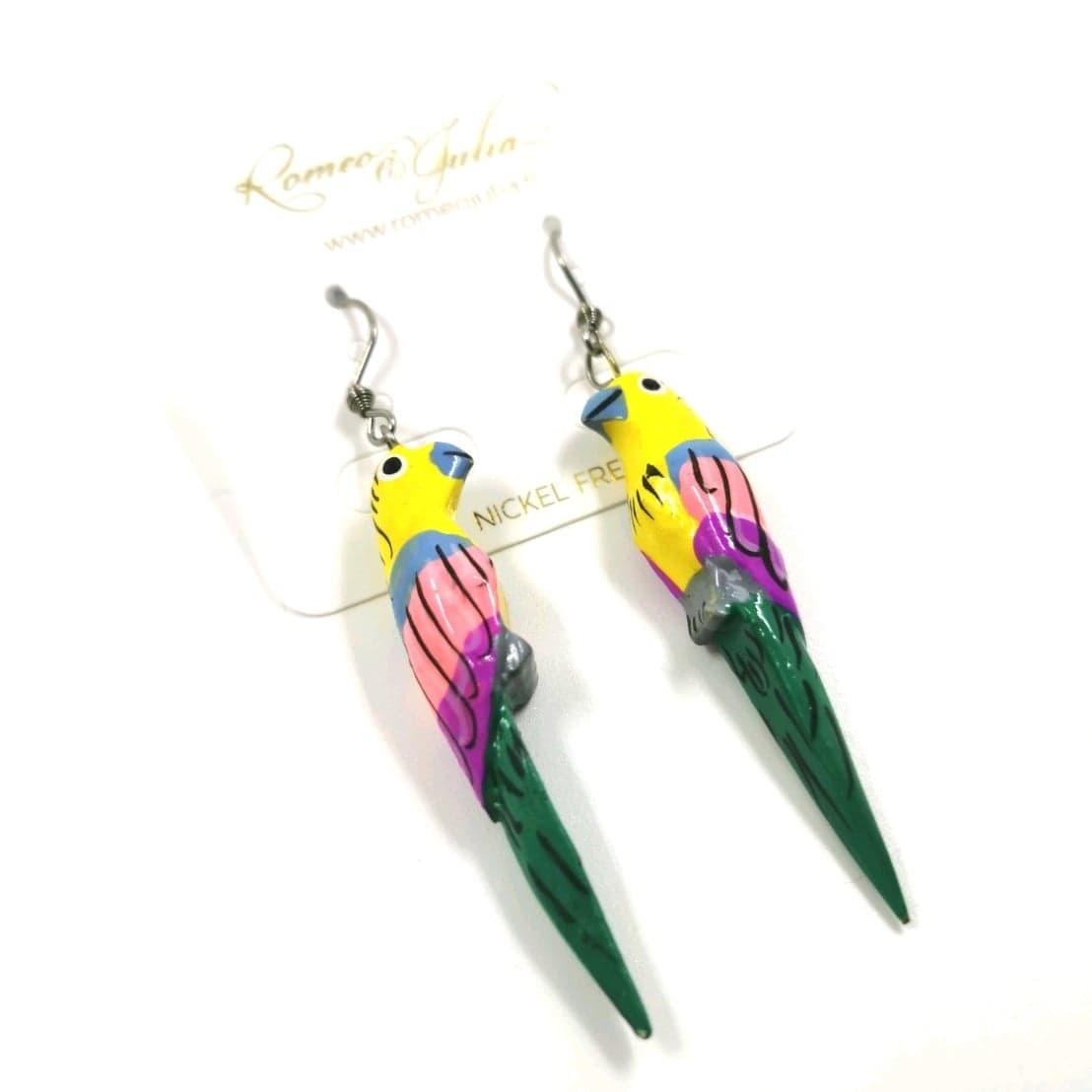 Wooden earrings, Big Parrot (yellow-pink-lilac)