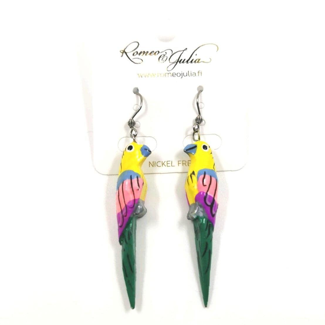 Wooden earrings, Big Parrot (yellow-pink-lilac)