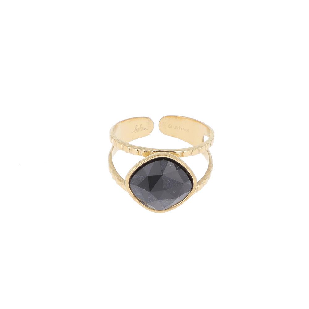 Ring, BOHM PARIS|Bague Léa dorée avec crystal noir