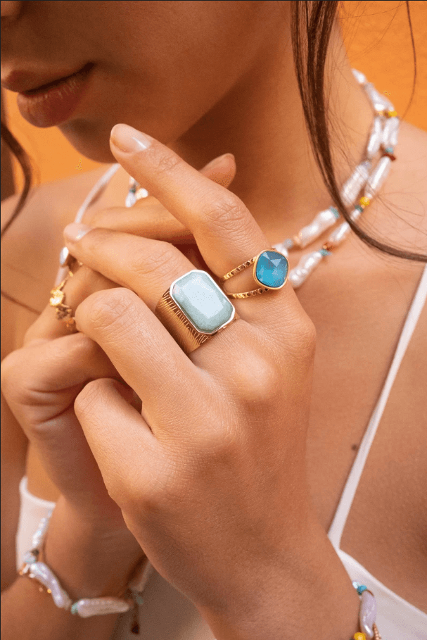 Sormus, BOHM PARIS|Bague Léa dorée avec crystal azure blue