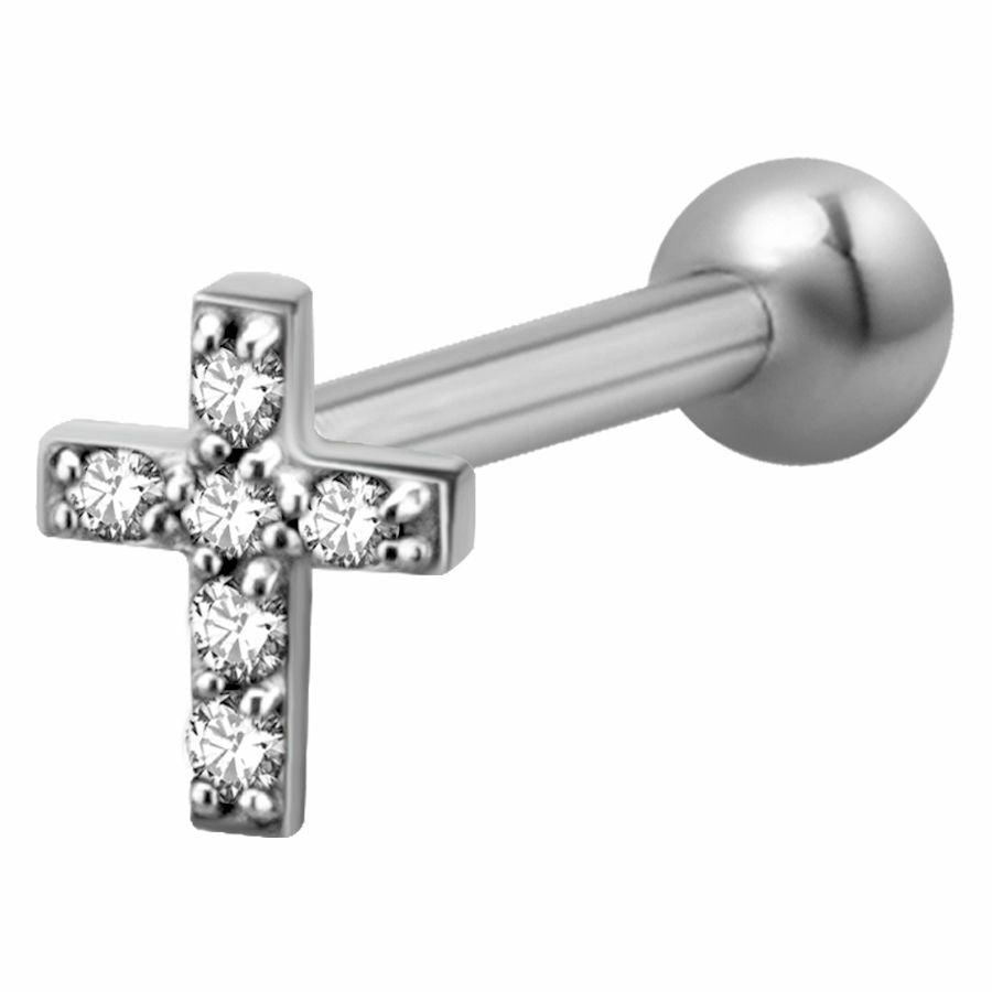 Cartilage jewelry/tragus jewelry, Steel Jeweled Cross Barbell