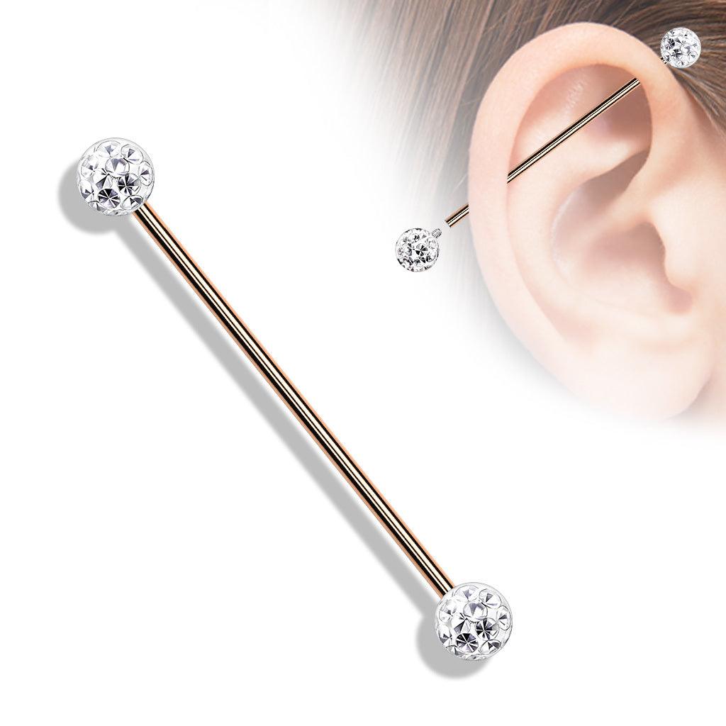 Industrial, Steel Barbells with Crystal Paved Balls in Rosegold