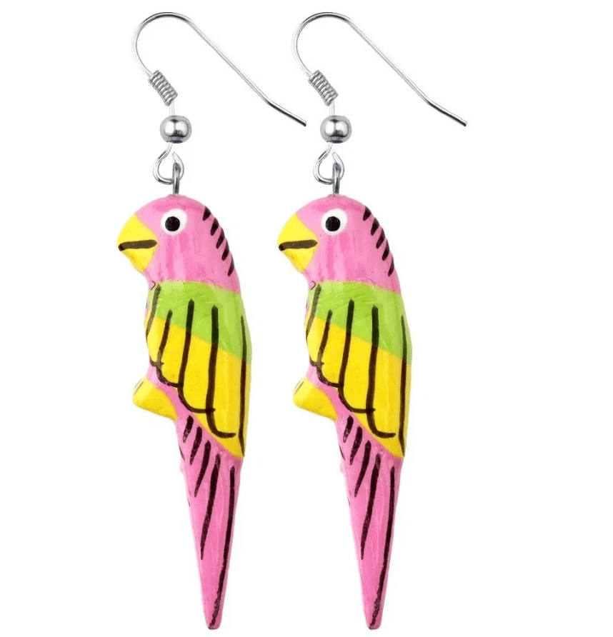 Wooden earrings, Parrot (pink, green and yellow)