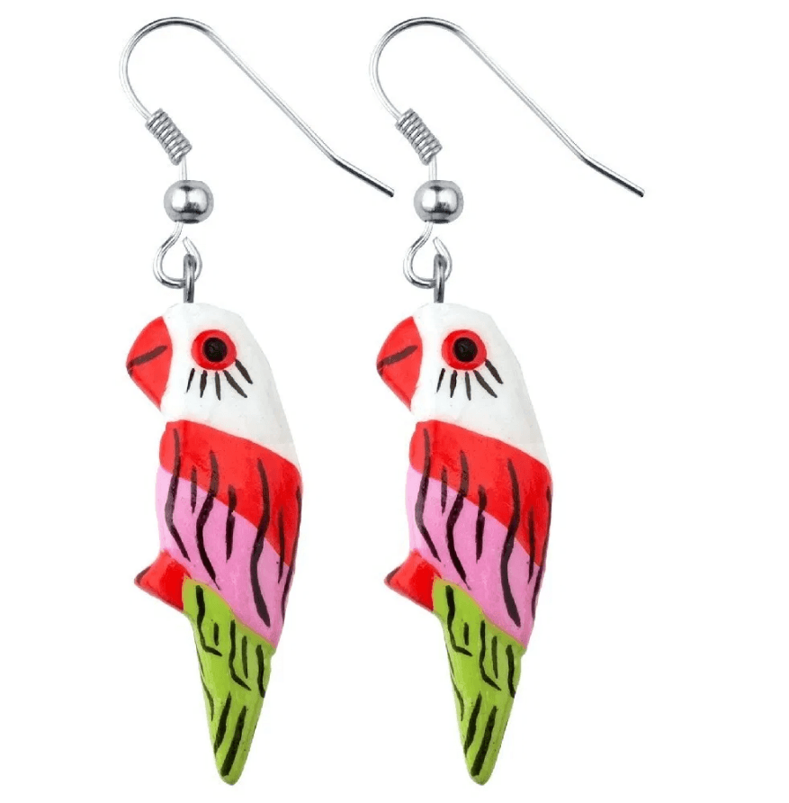 Wooden earrings, Parrot (white, pink-green)