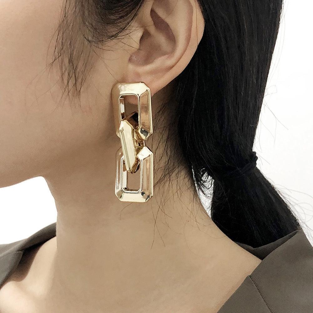 Earrings, PAPARAZZI|Chunky Square Gold Chain Earrings