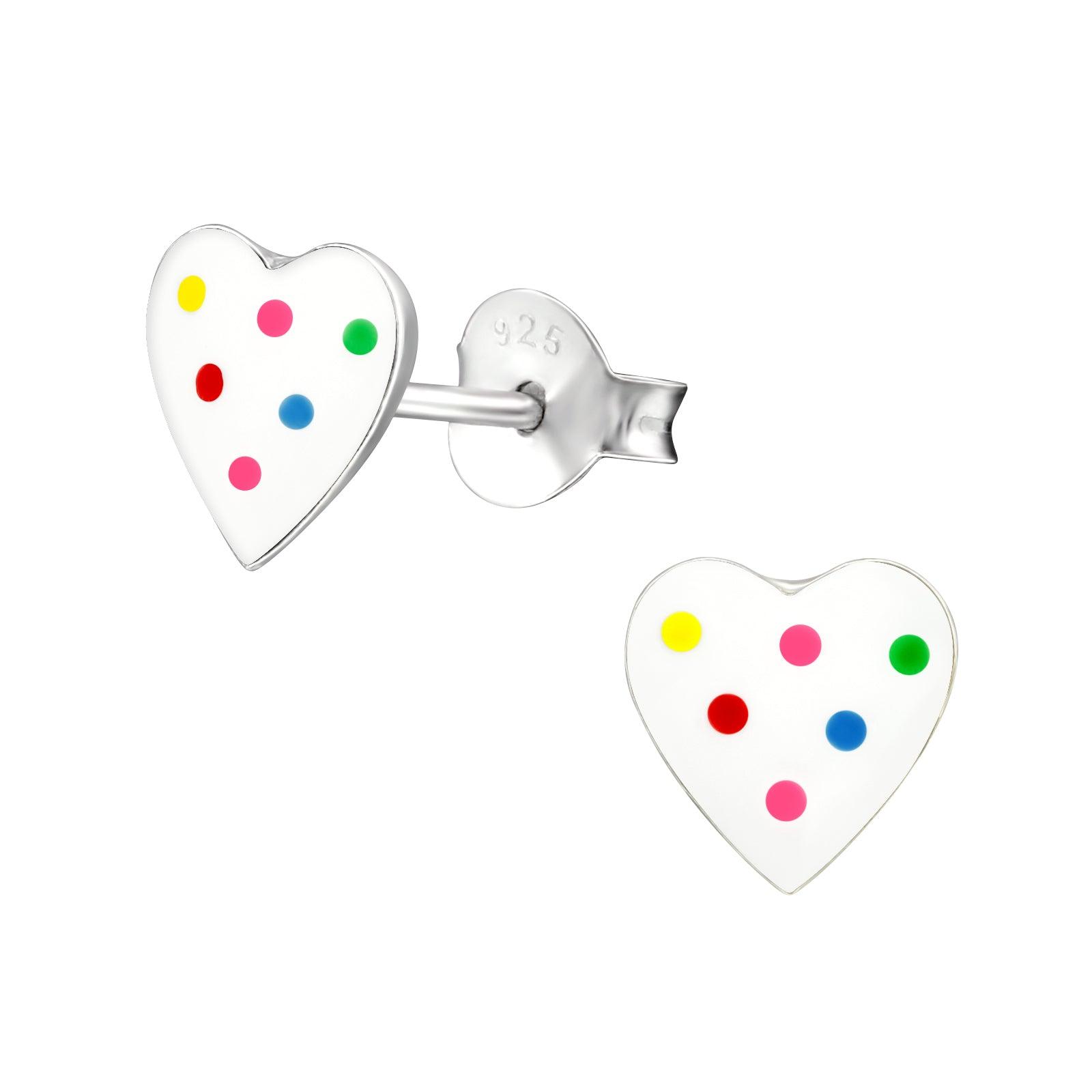 Silver stud earrings, Rainbow dots heart earrings