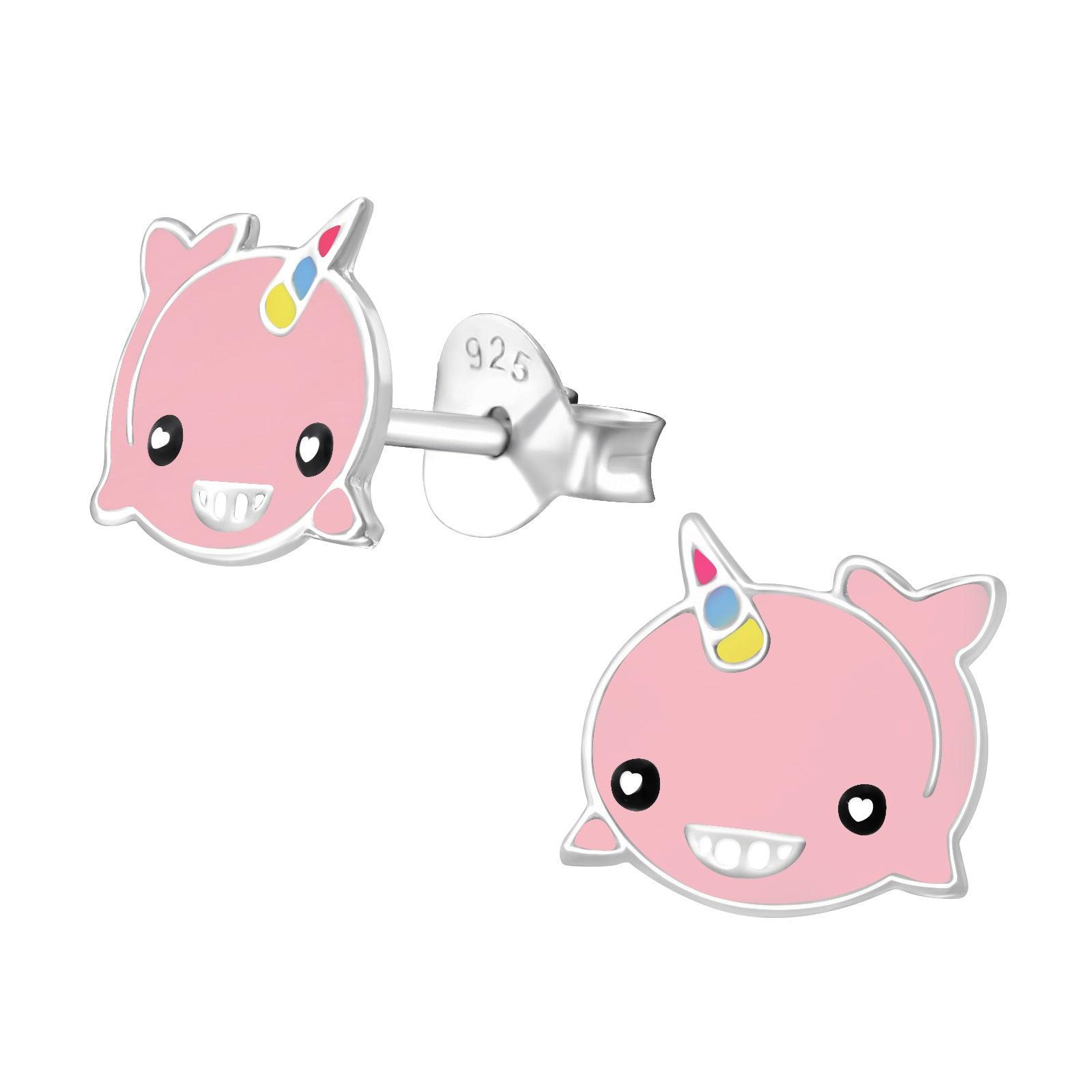 Children's silver earrings, Pink Unicorn Whale earrings