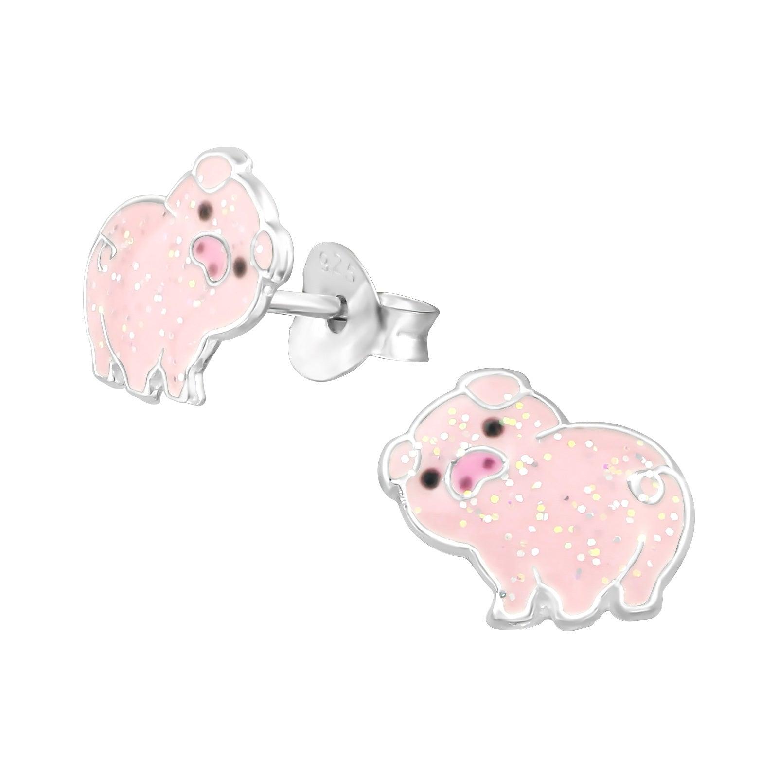 Children's silver earrings, Pink Piglet earrings