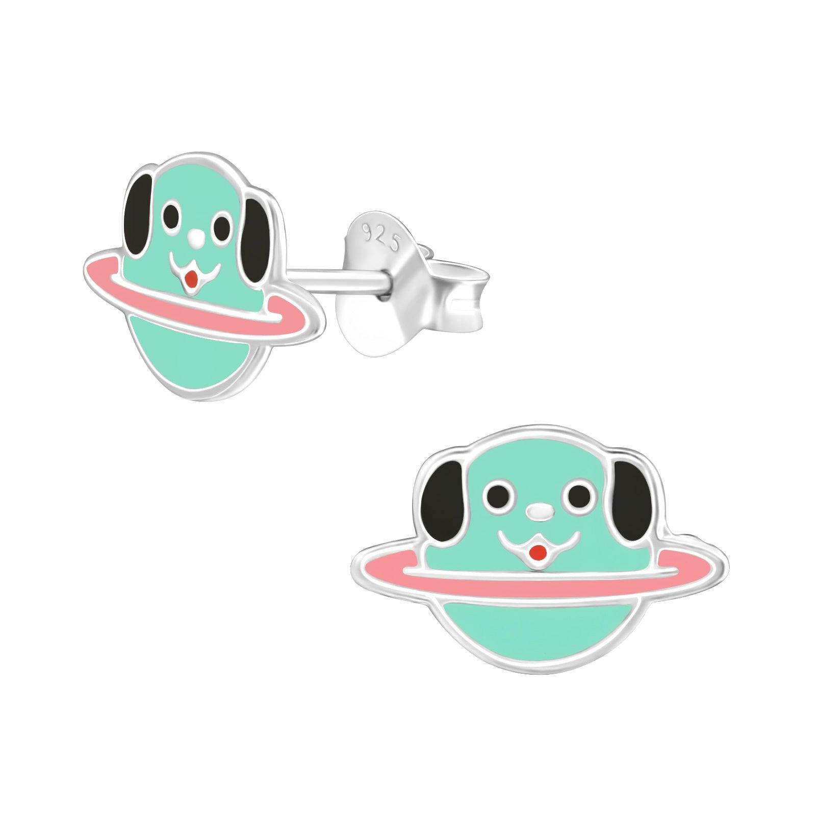 Children's silver earrings, Dog Planet earrings