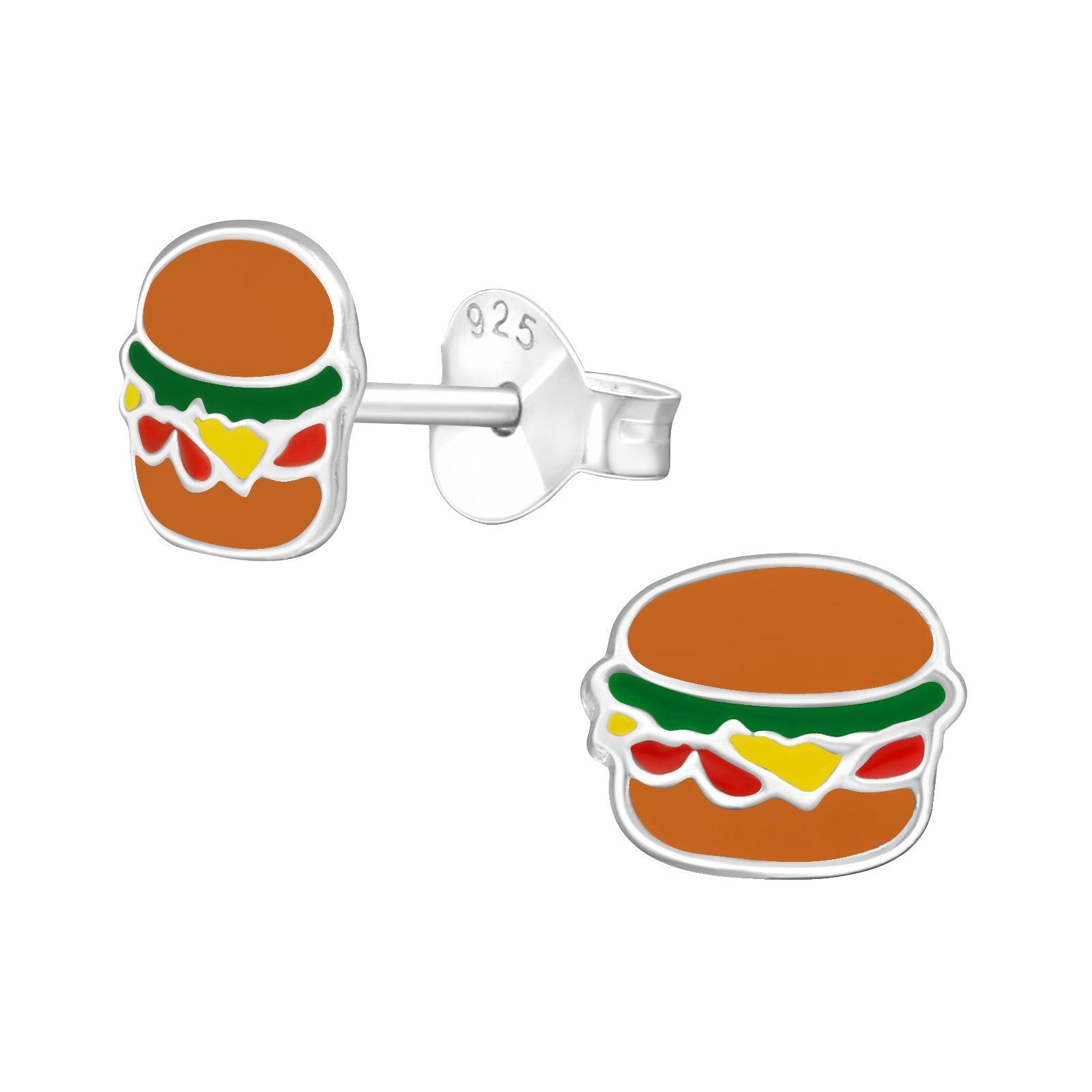 Silver stud earrings, Hamburger earrings