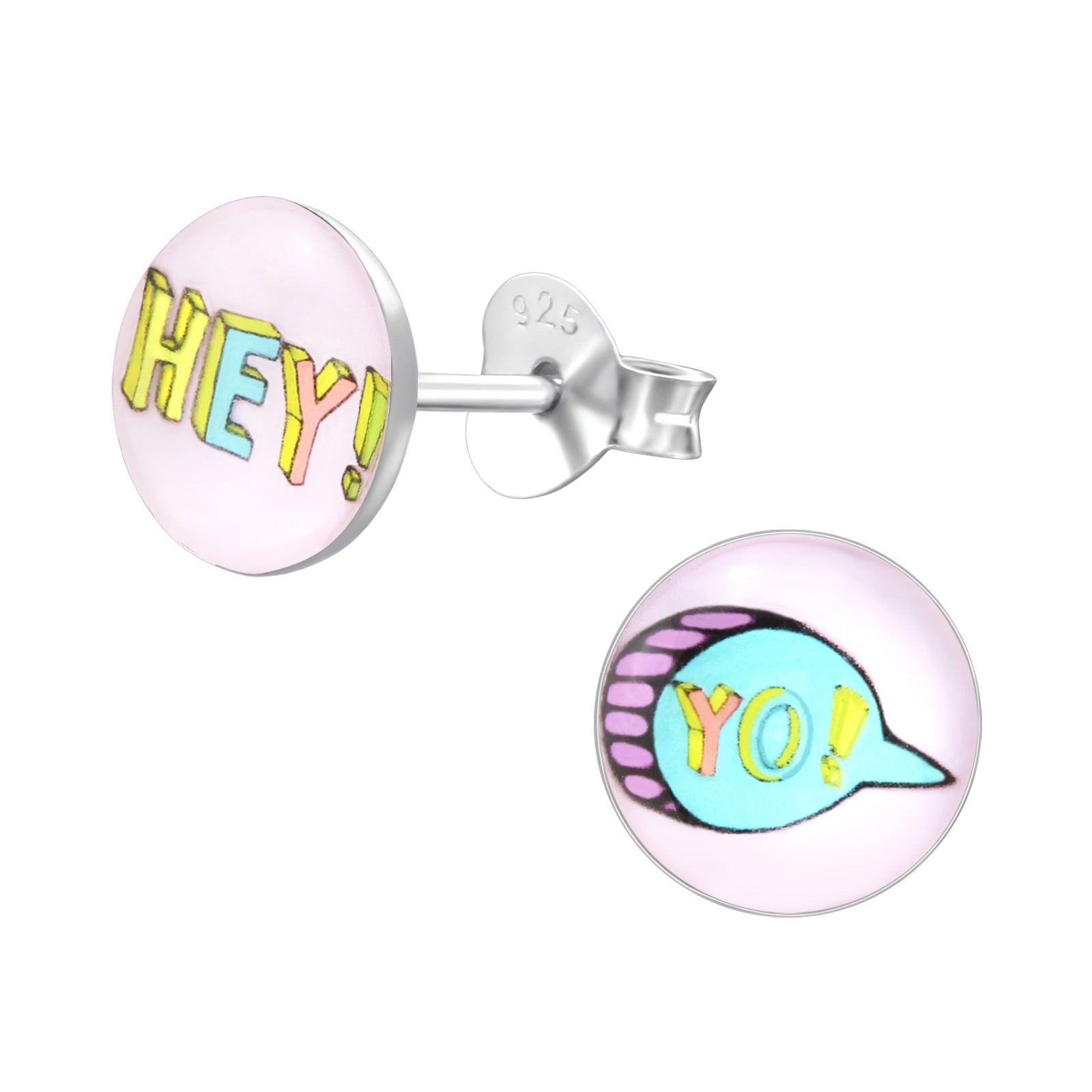 Silver stud earrings, Hey Yo! text earrings