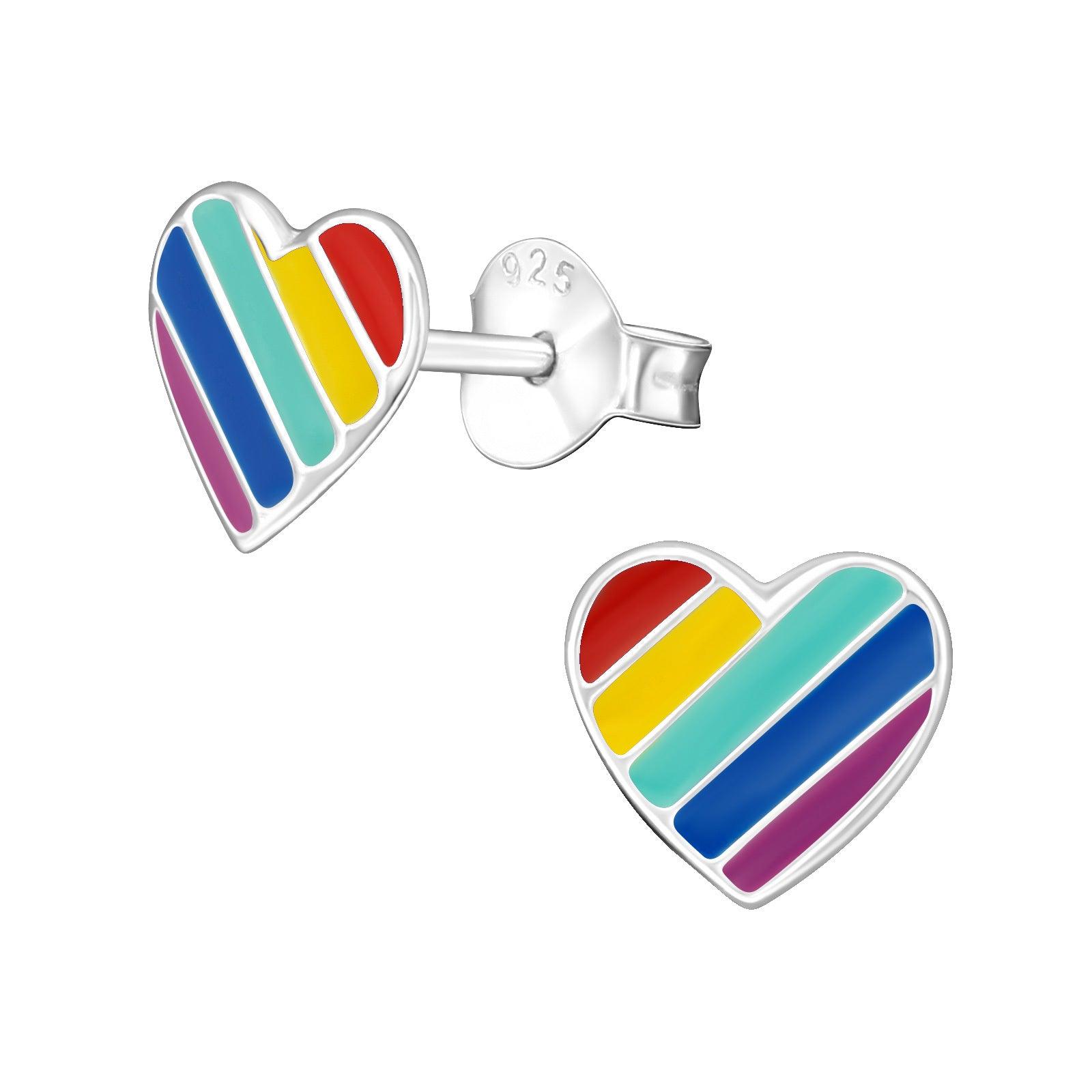 Silver stud earrings, Rainbow Heart earrings