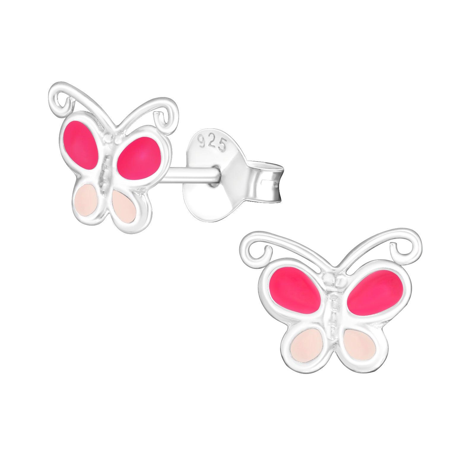 Children's silver earrings, Pink Butterfly earrings