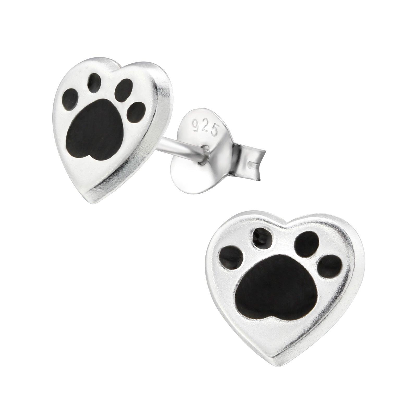 Silver stud earrings, Heart Paw Print earrings