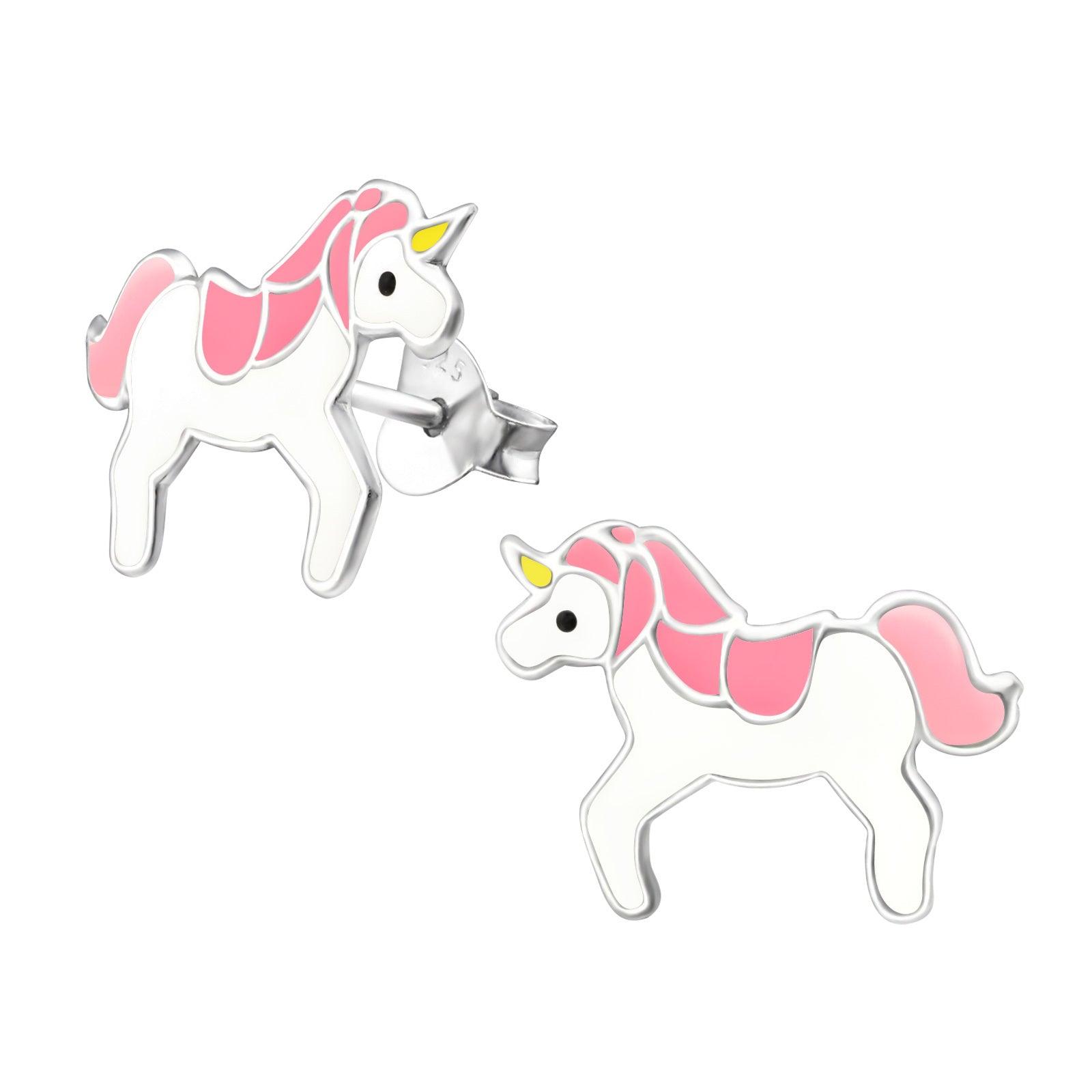 Children's silver earrings, White &amp; Pink Unicorn earrings