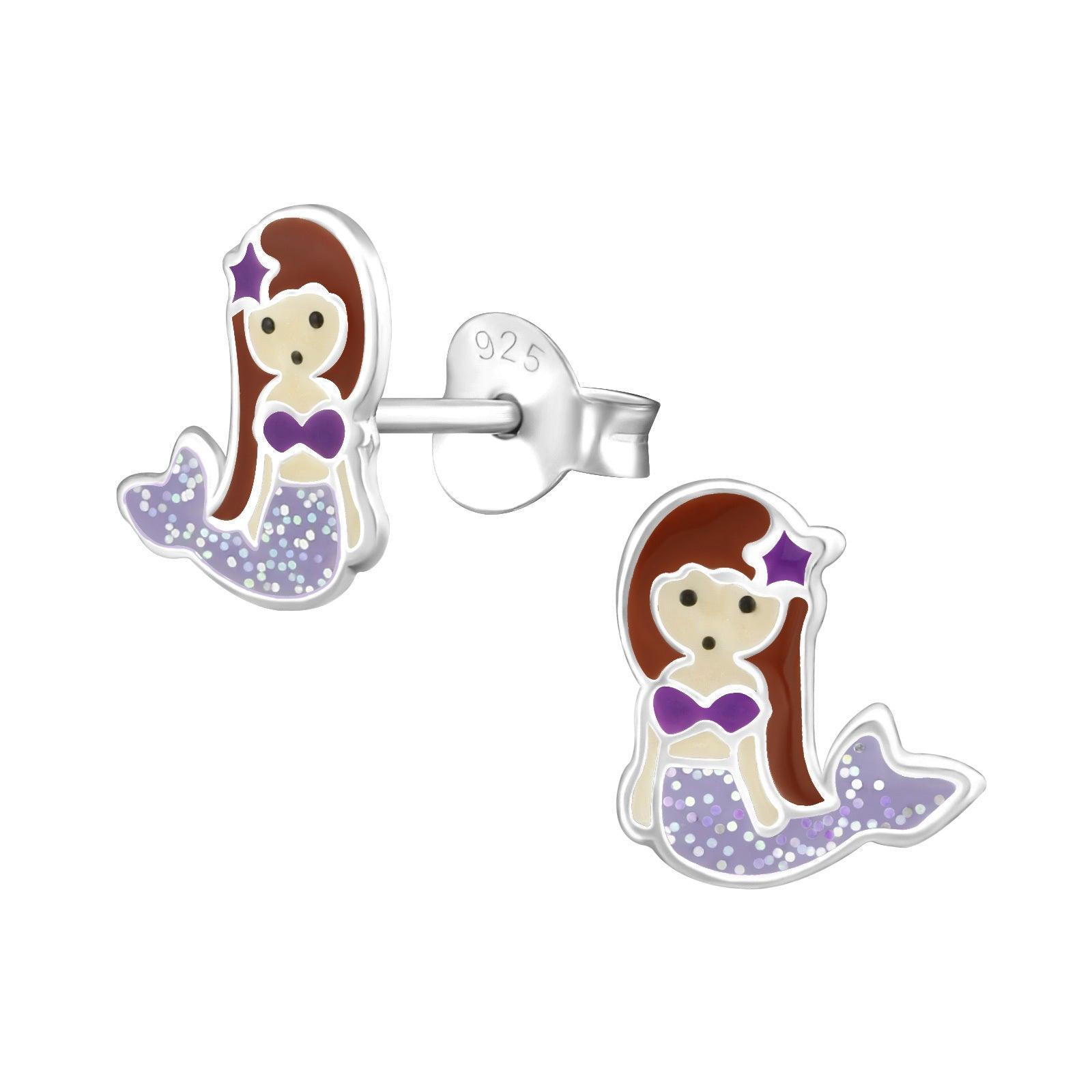 Children's silver earrings, Mermaid in Lilac