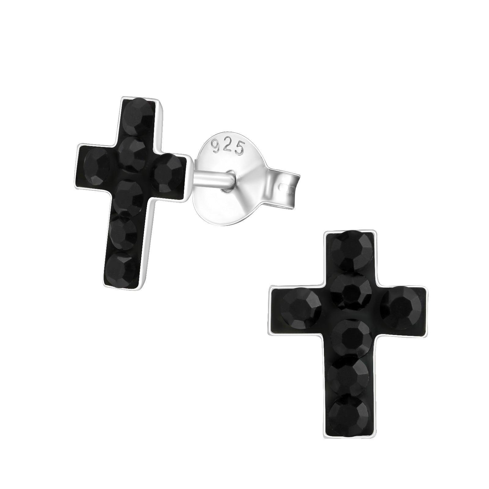 Silver stud earrings, Black Cross with Stones