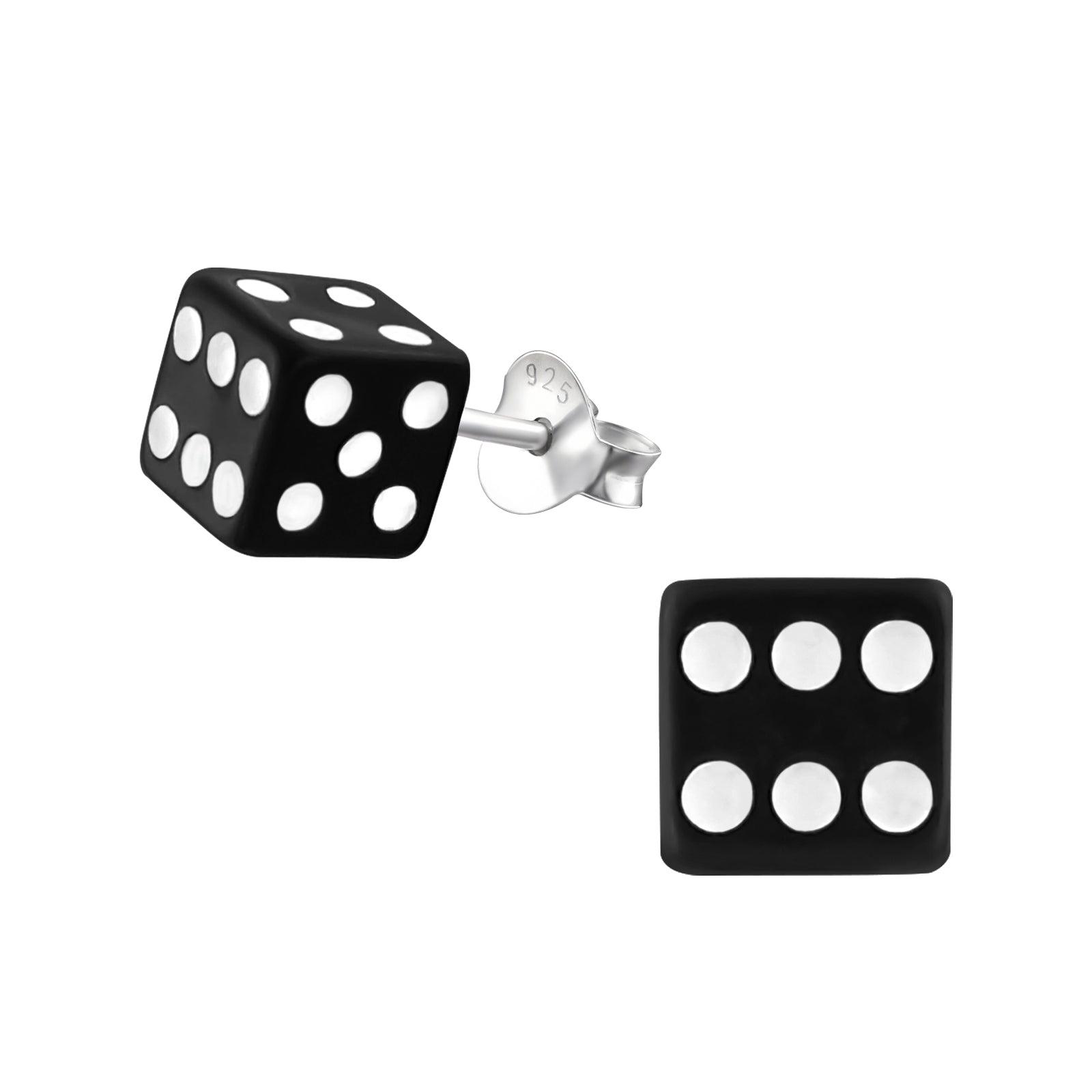 Silver stud earrings, Black Medium Dice earrings