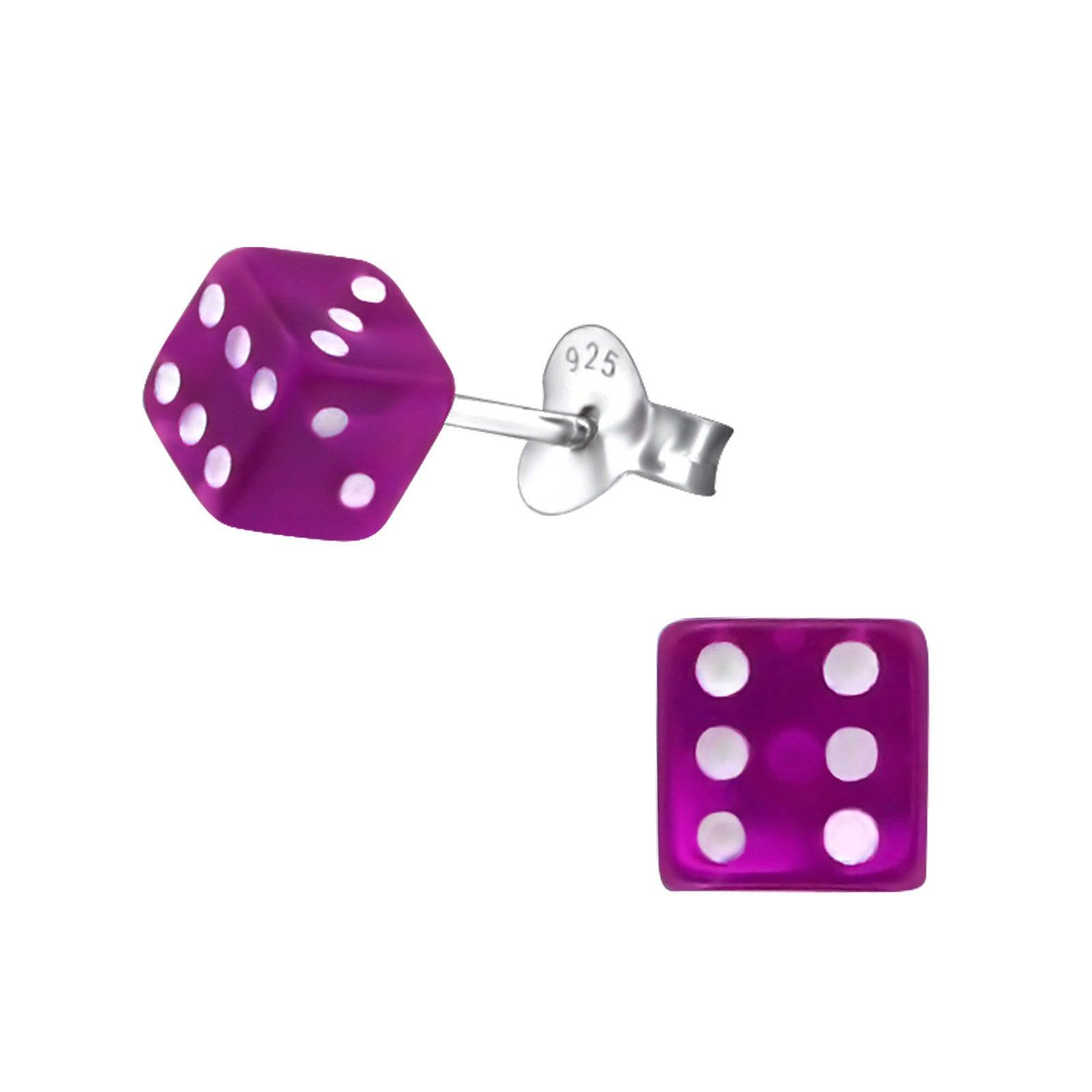 Silver stud earrings, Purple Small Dice earrings