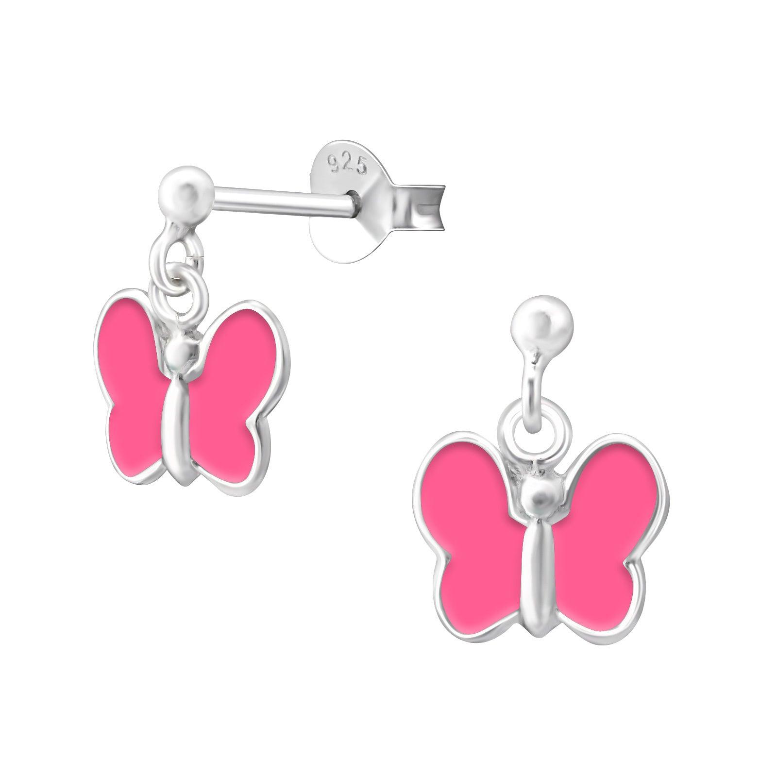 Children's silver earrings, Pink Summer Butterfly earrings