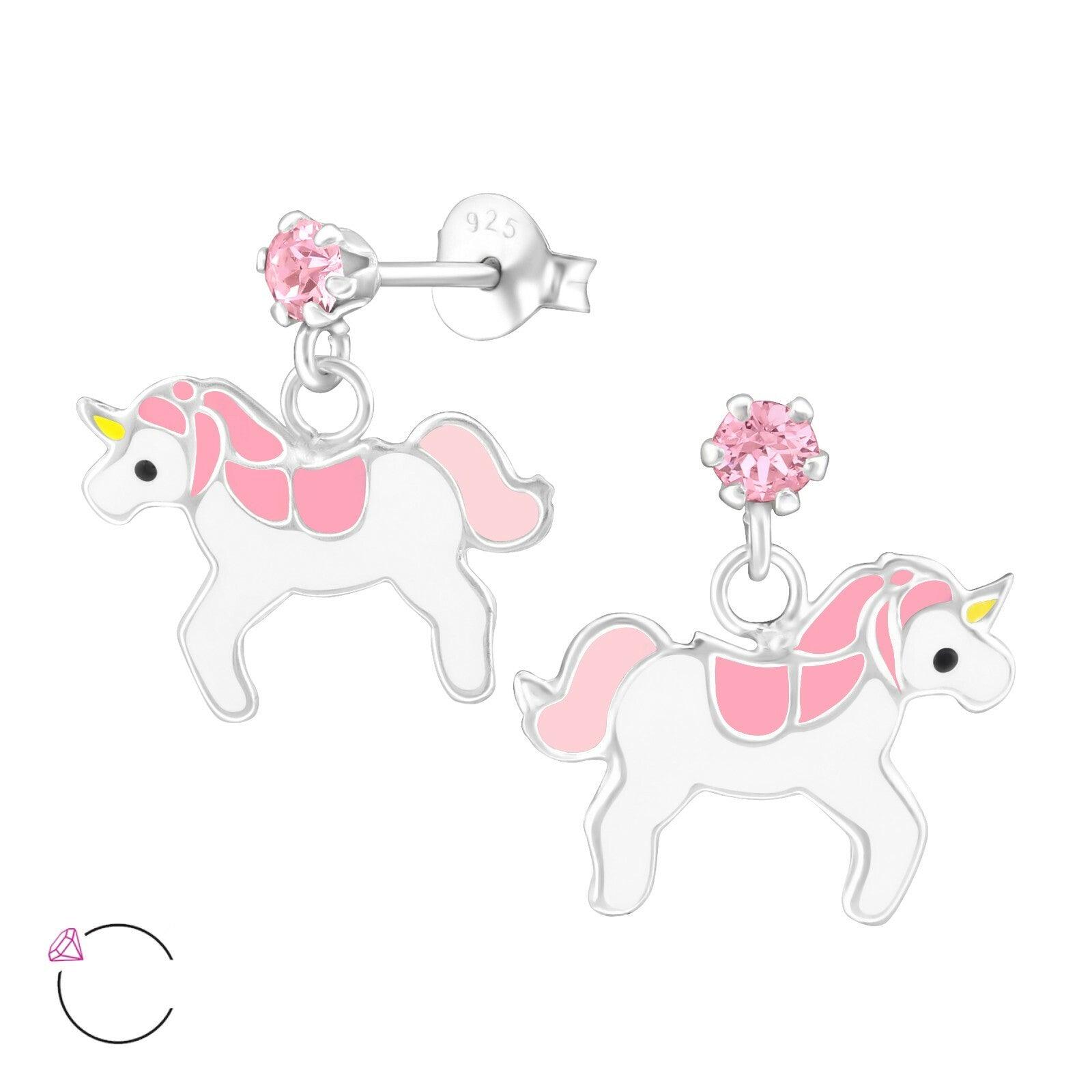 Children's silver earrings, LA CRYSTALE|Pink Unicorn earrings