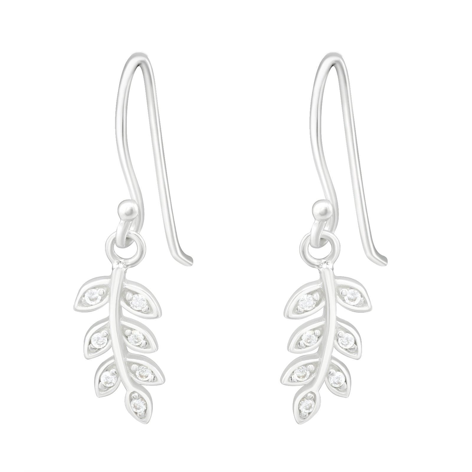 Silver Earrings, Delicate CZ Leaf Earrings