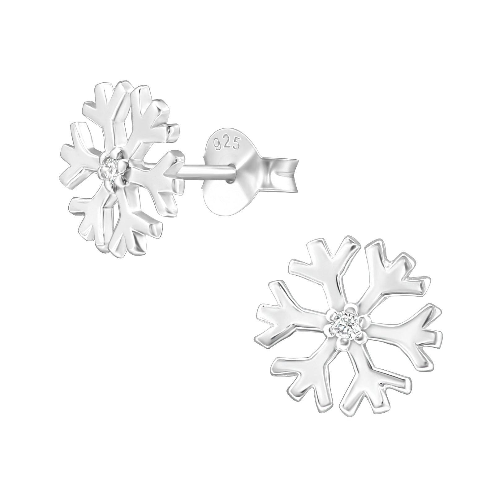 Silver stud earrings, Pretty Snowflake with CZ