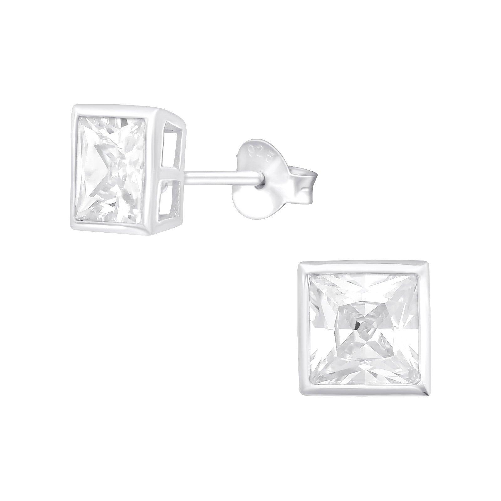 Silver Stud Earrings, Bezel Square 6mm CZ Crystal Sparkle Studs