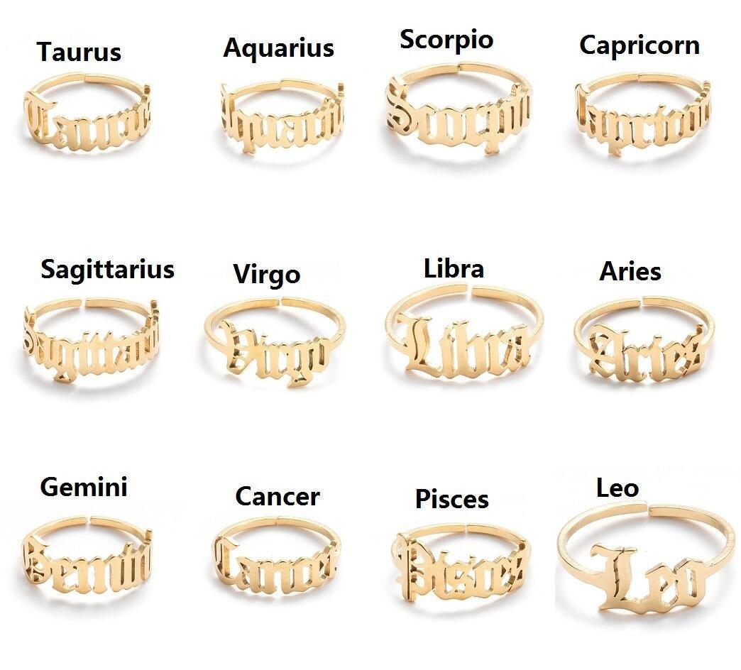 Surgical steel ring, Horoscope text jewelry for zodiac signs