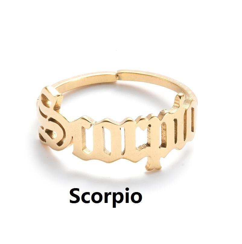 Surgical steel ring, Horoscope text jewelry for zodiac signs