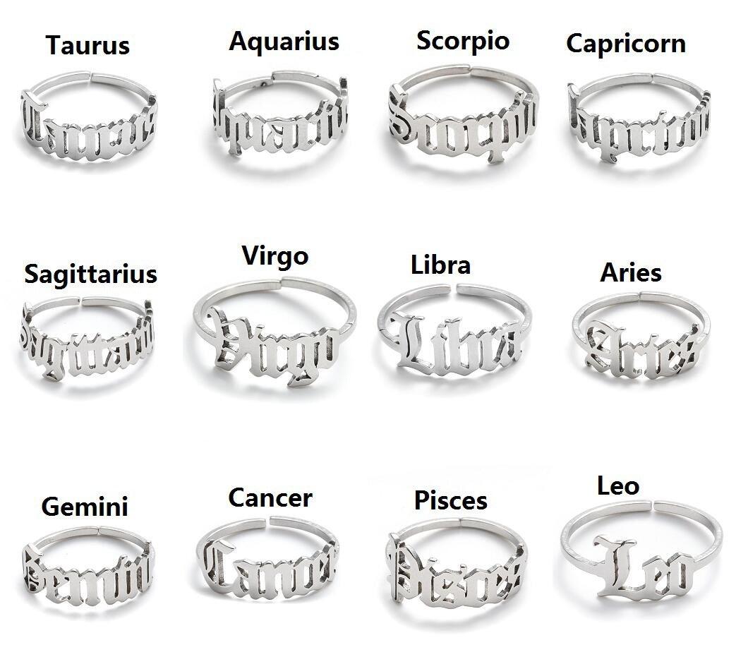 Surgical steel ring, Horoscope text jewelry for zodiac signs