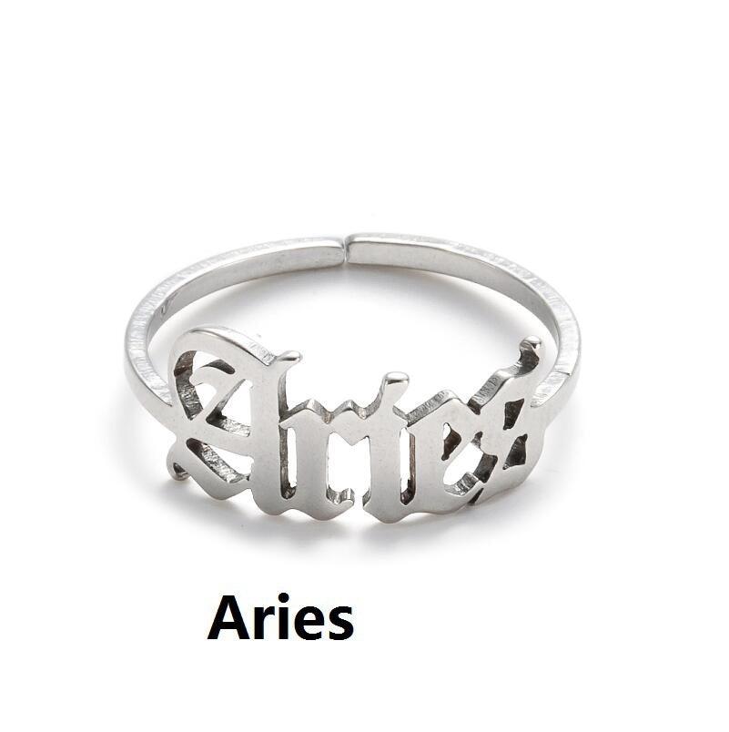 Surgical steel ring, Horoscope text jewelry for zodiac signs