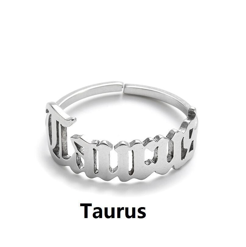 Surgical steel ring, Horoscope text jewelry for zodiac signs