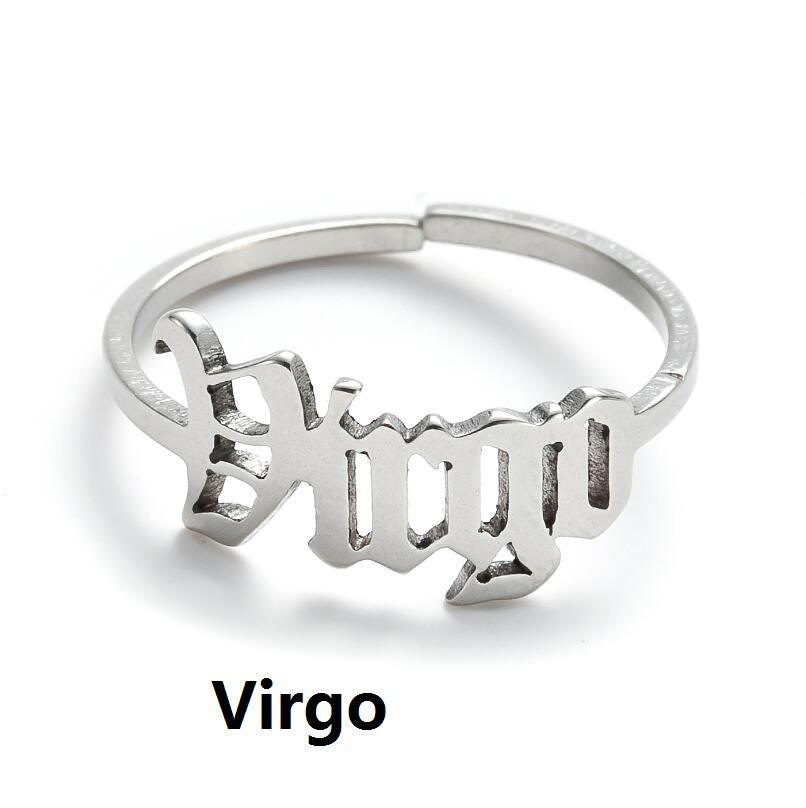 Surgical steel ring, Horoscope text jewelry for zodiac signs