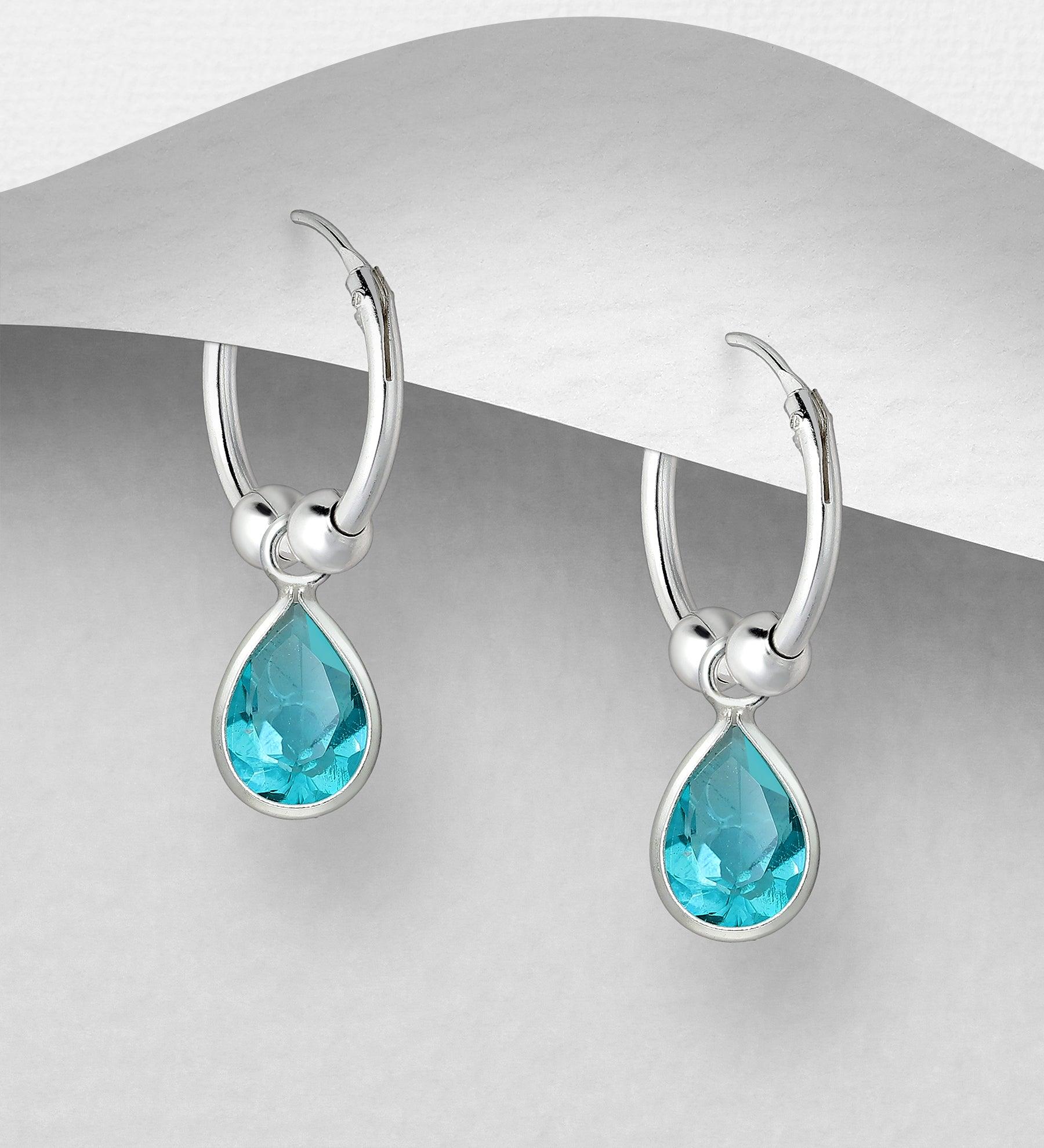 Silver earrings, CZ Huggie Hoops with Turquoise Teardrop