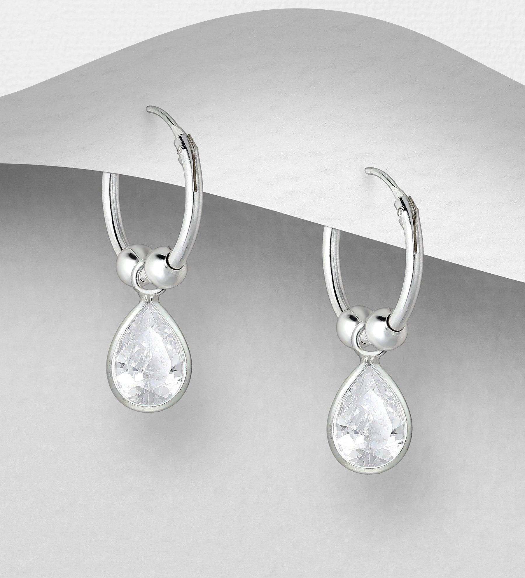 Silver earrings, CZ Huggie Hoops with Clear Teardrop