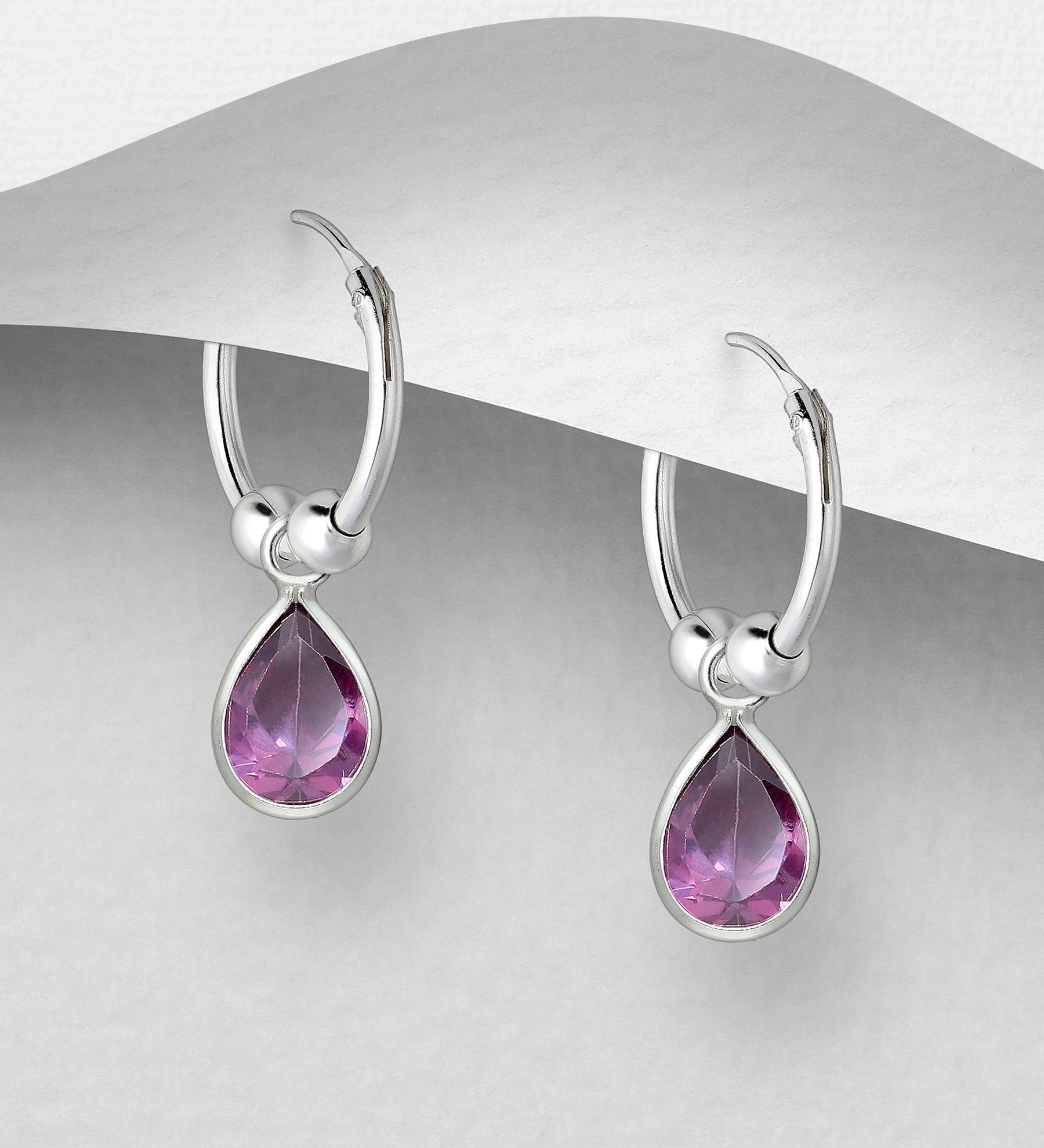 Silver Earrings, CZ Huggie Hoops with Purple Teardrop