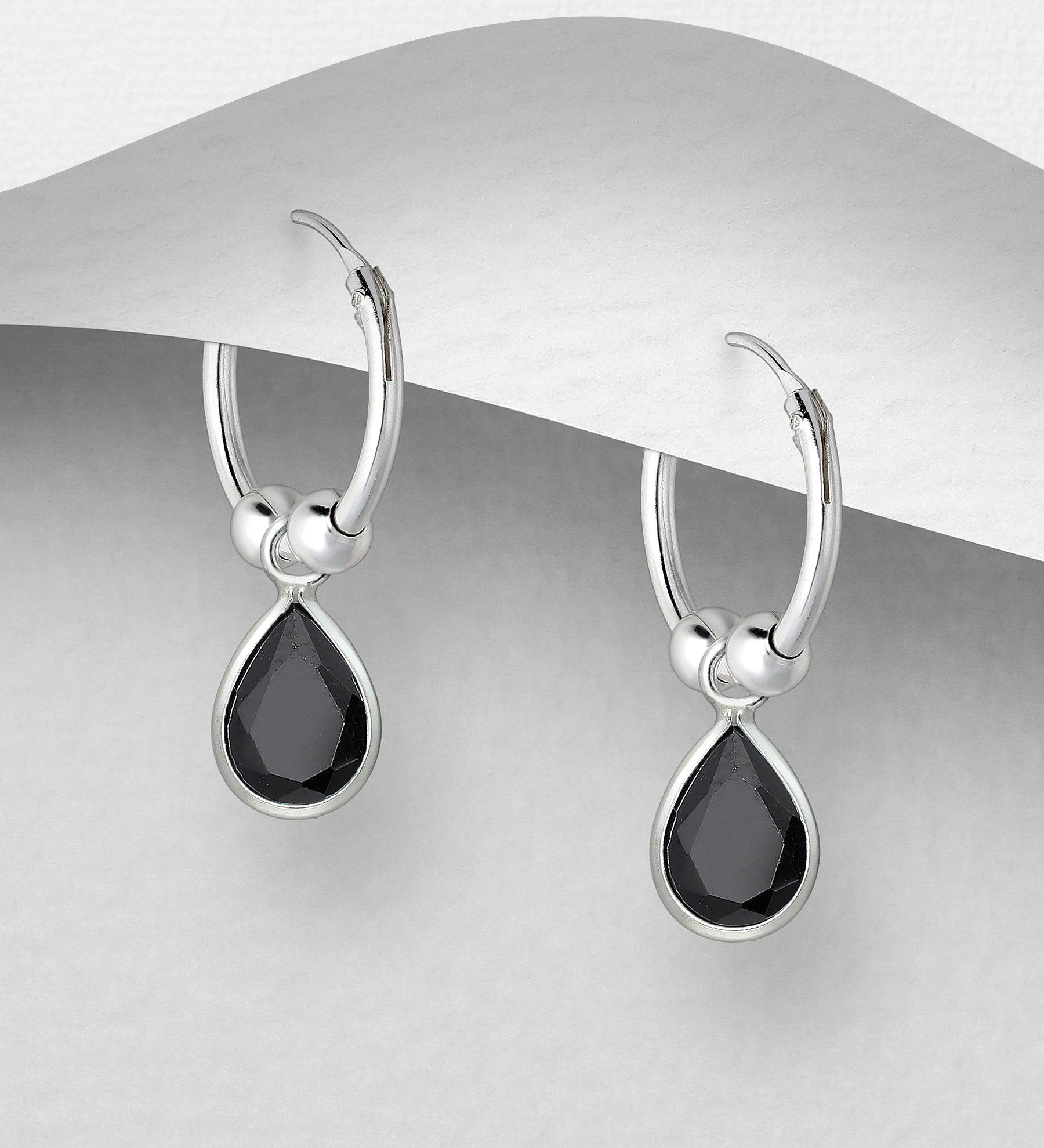 Silver earrings, CZ Huggie Hoops with Black Teardrop