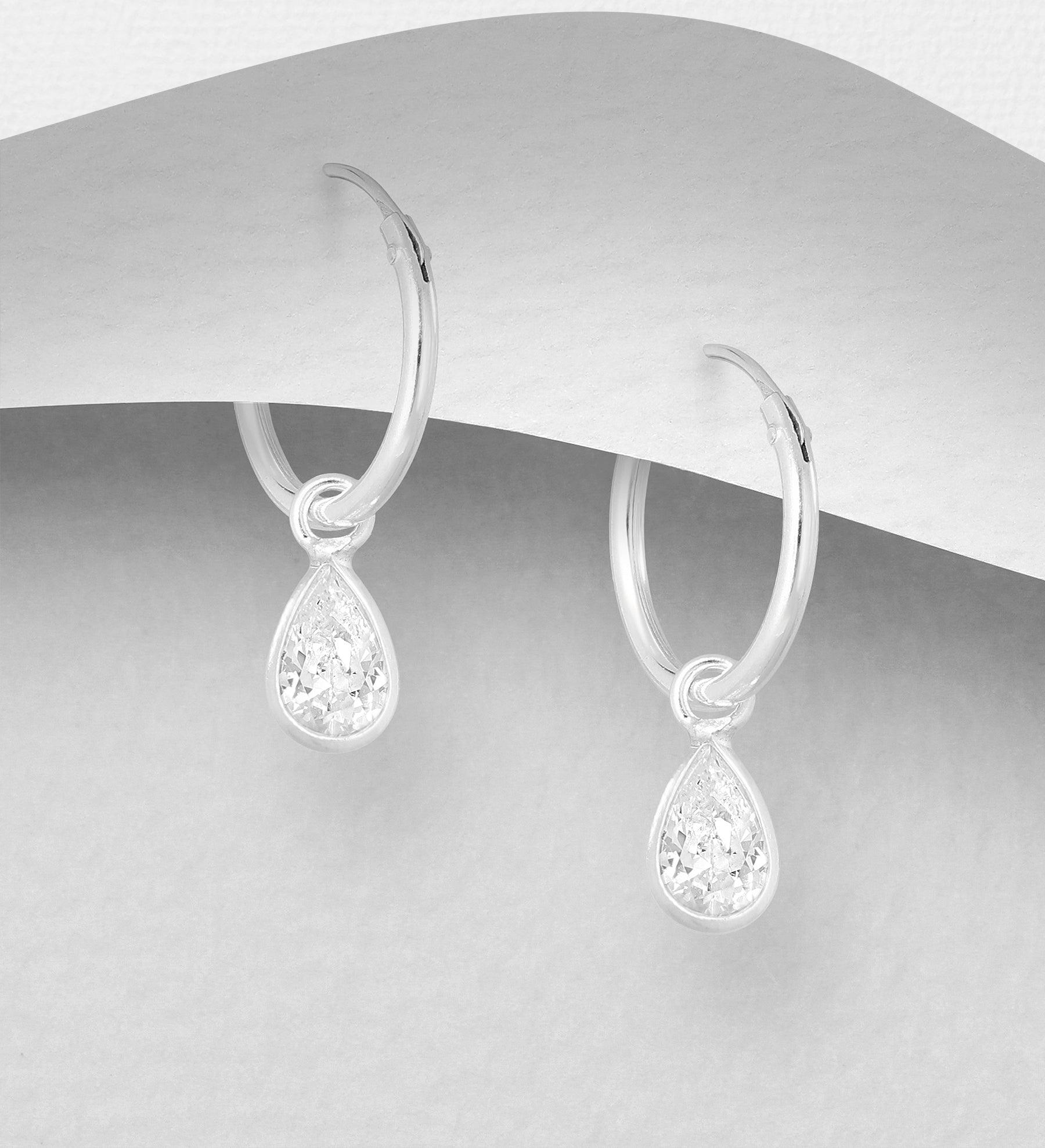 Silver Earrings, Clear Teardrop CZ Huggie Hoops