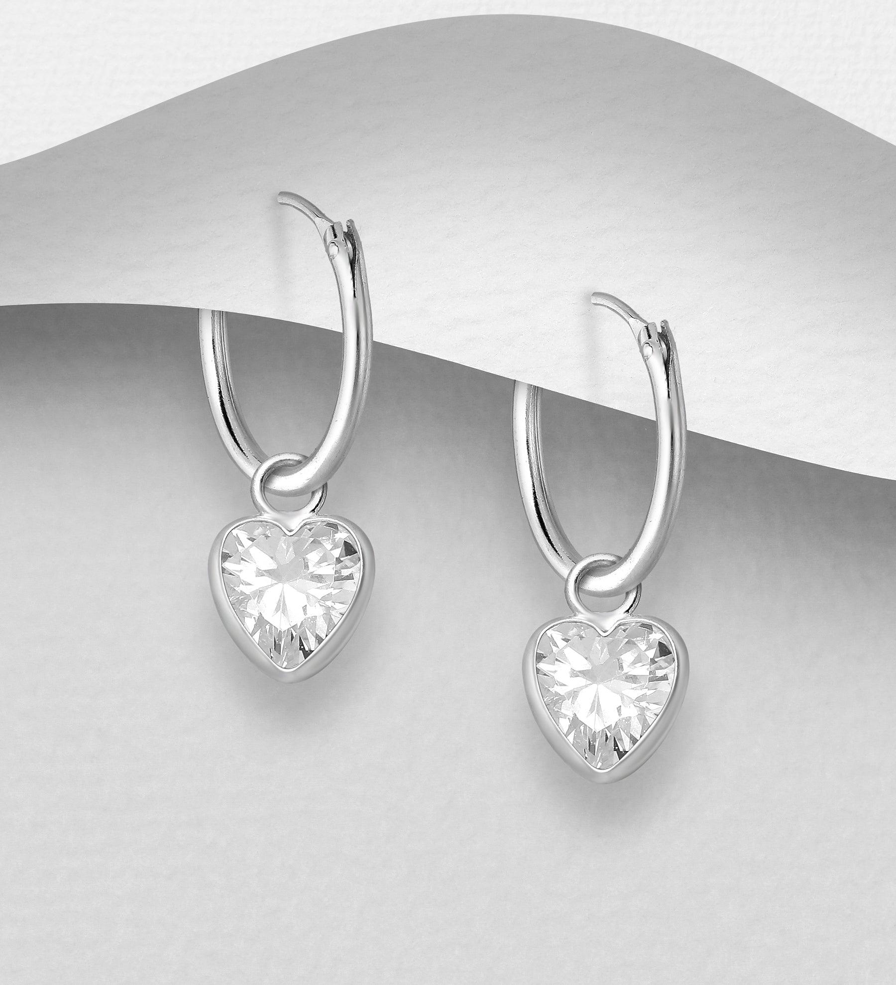 Silver earrings, CZ Huggie Hoops with Clear Heart