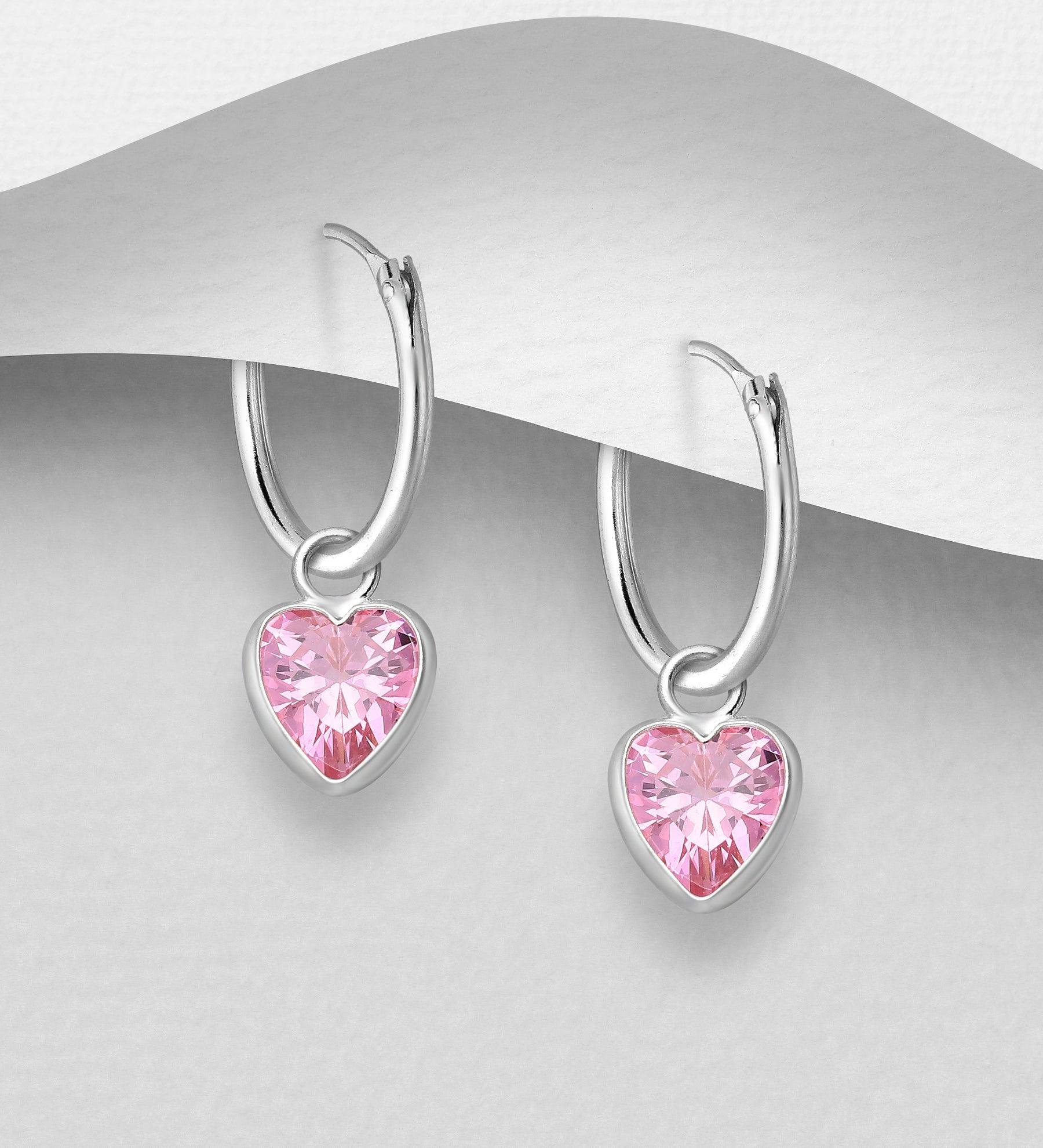 Silver earrings, CZ Huggie Hoops with Pink Heart