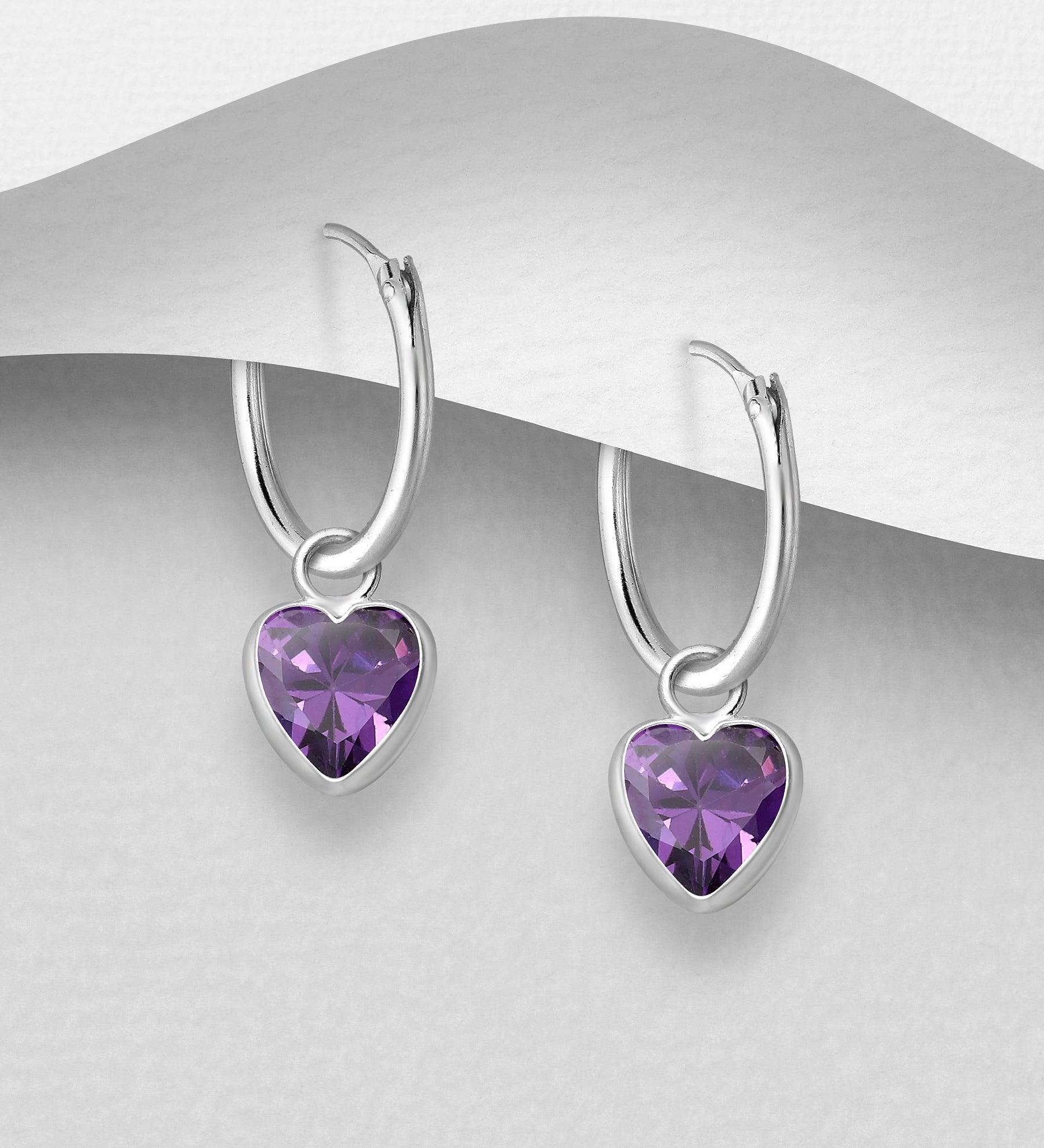 Silver earrings, CZ Huggie Hoops with Purple Heart