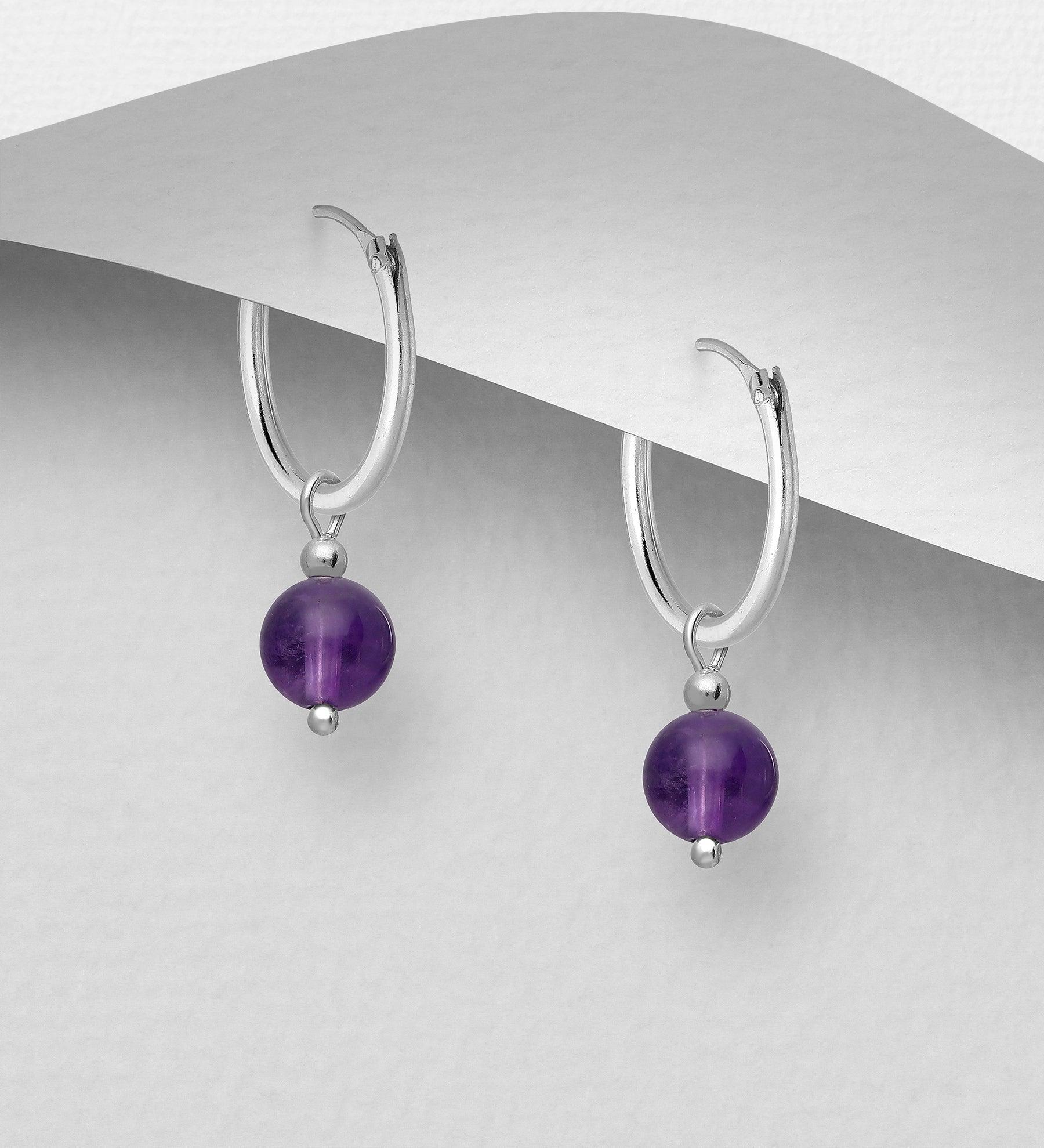 Silver Earrings, Amethyst Huggie Hoops