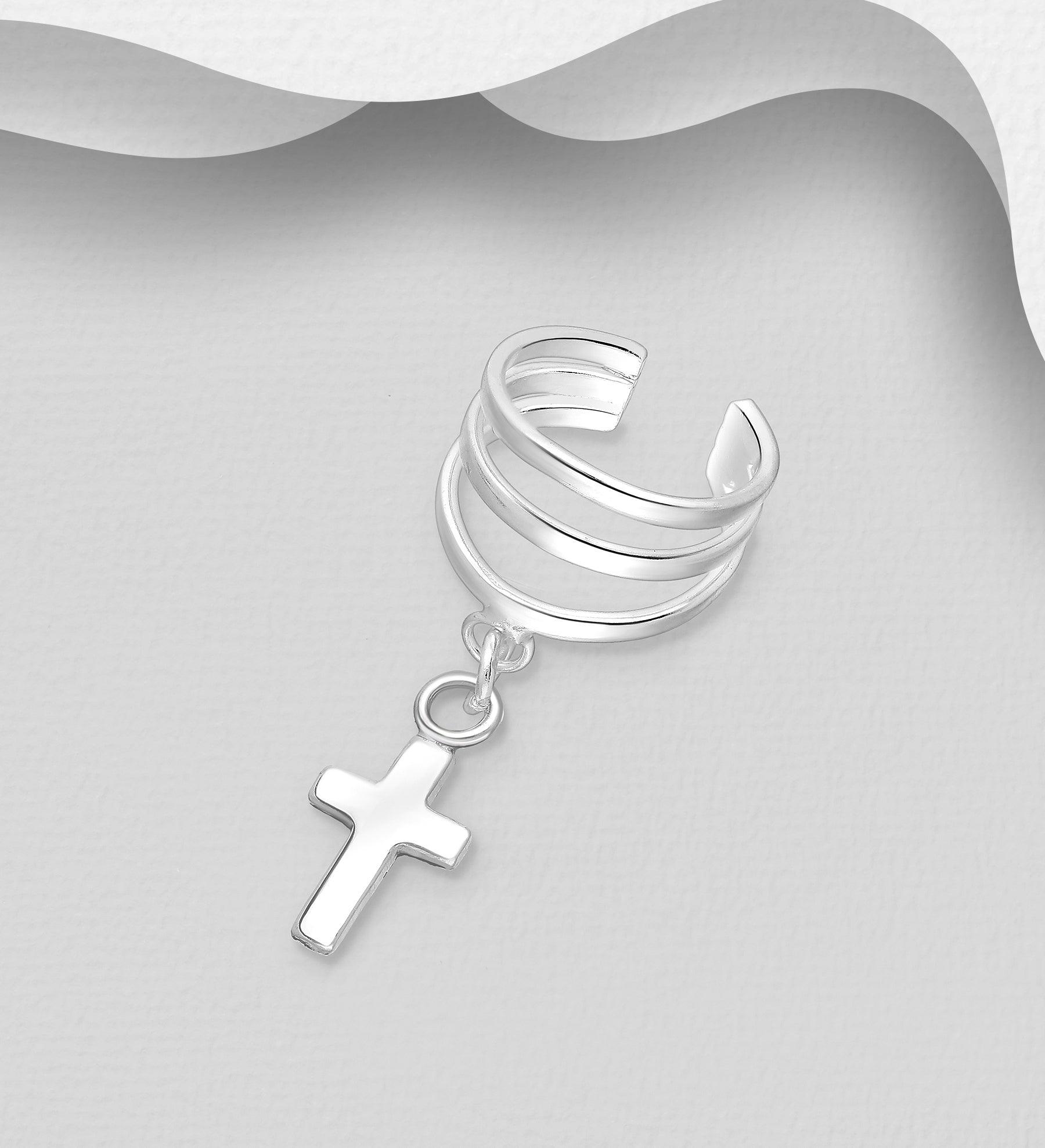 Earring/climber, Non-Piercing Silver Ear Cuff with Cross