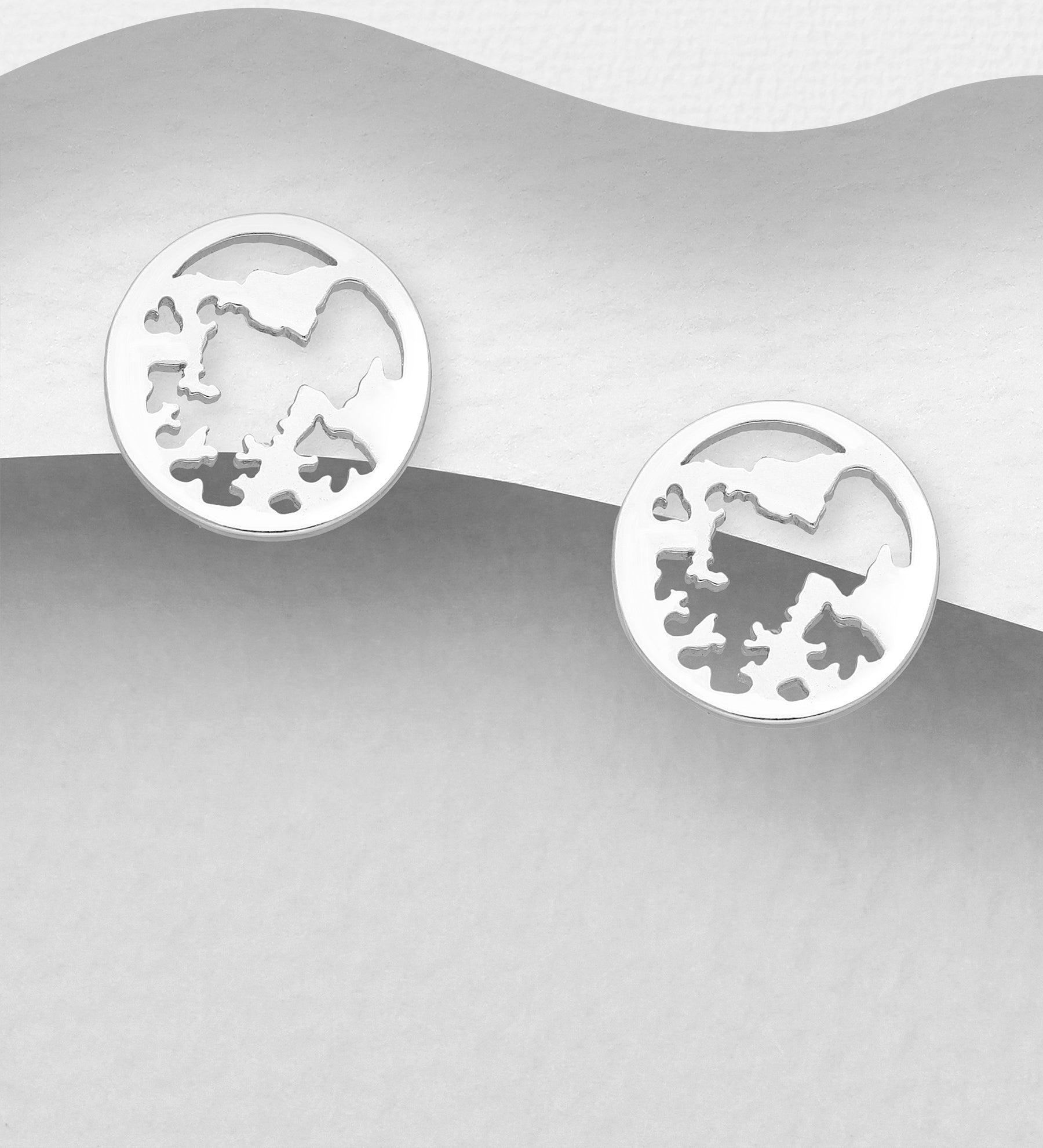 Silver stud earrings, World's Map earrings