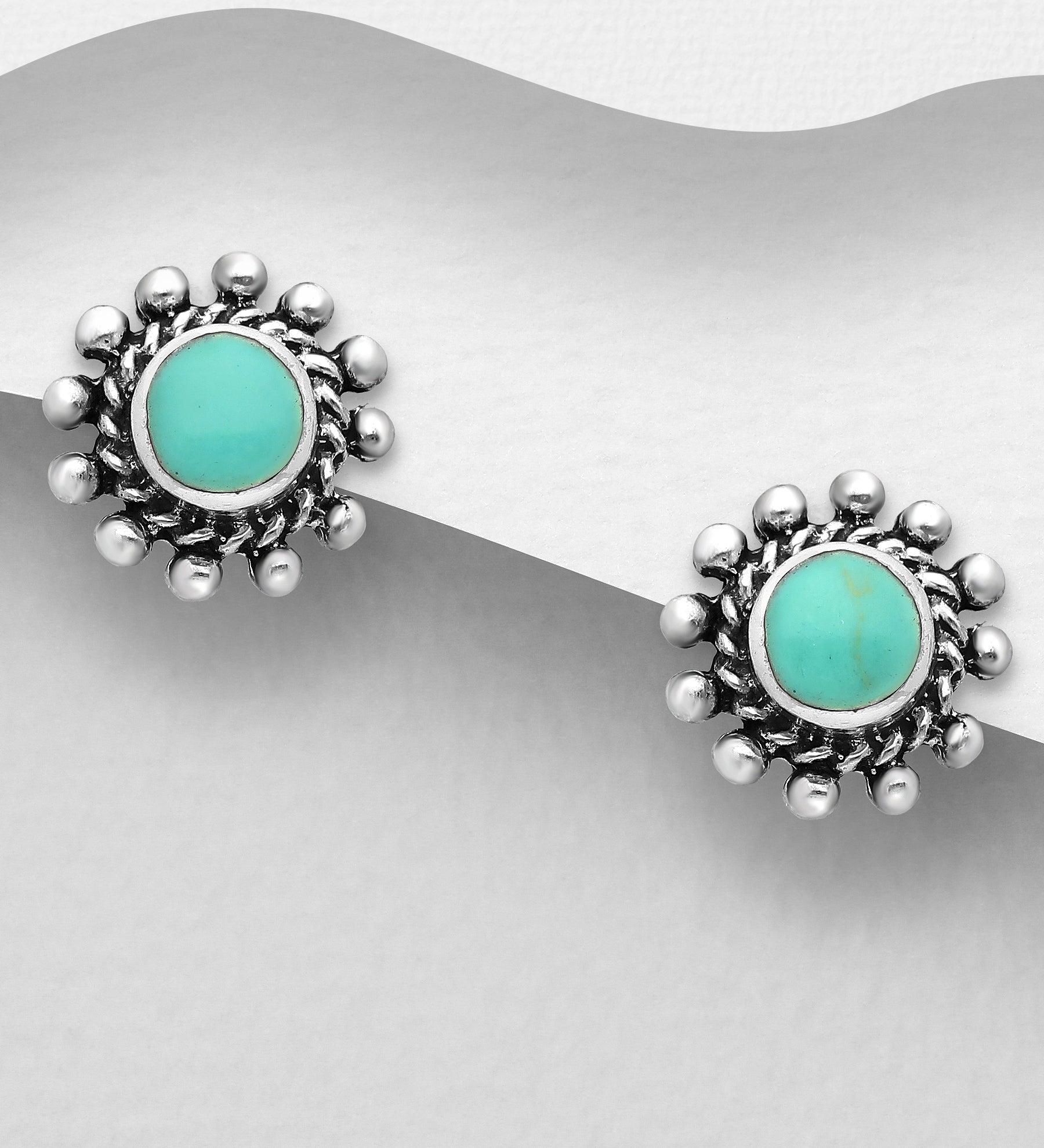 Silver buttons, PREMIUM COLLECTION|Bohemian Earstuds with Turqoise