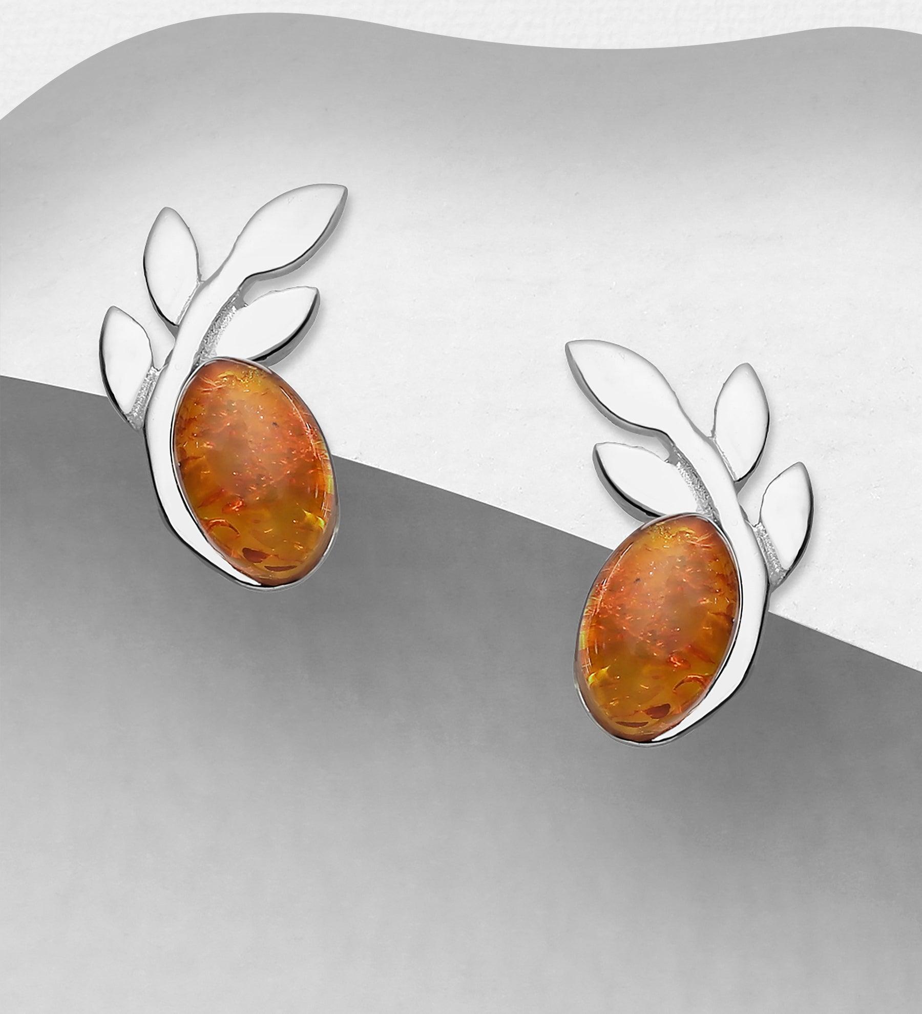 Silver buttons, PREMIUM COLLECTION|Leaf Earstuds with Baltic Amber