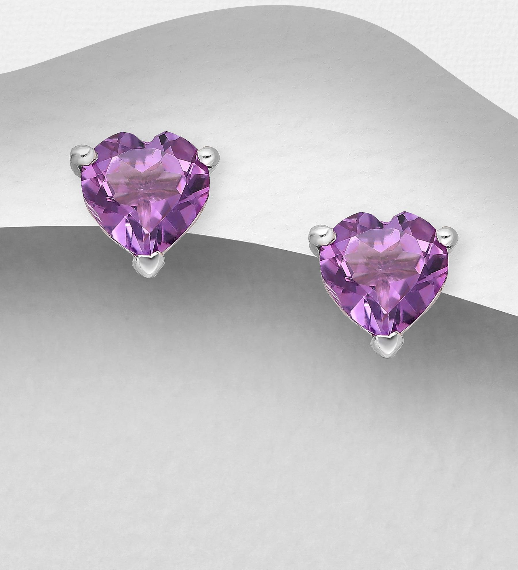 Silver buttons, PREMIUM COLLECTION|Amethyst Heart Earstuds